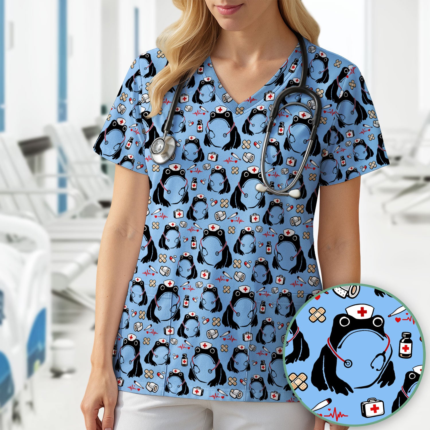 Cute Frog Nurse Medical Print Scrub Top, Comfortable Scrubs for Nurses