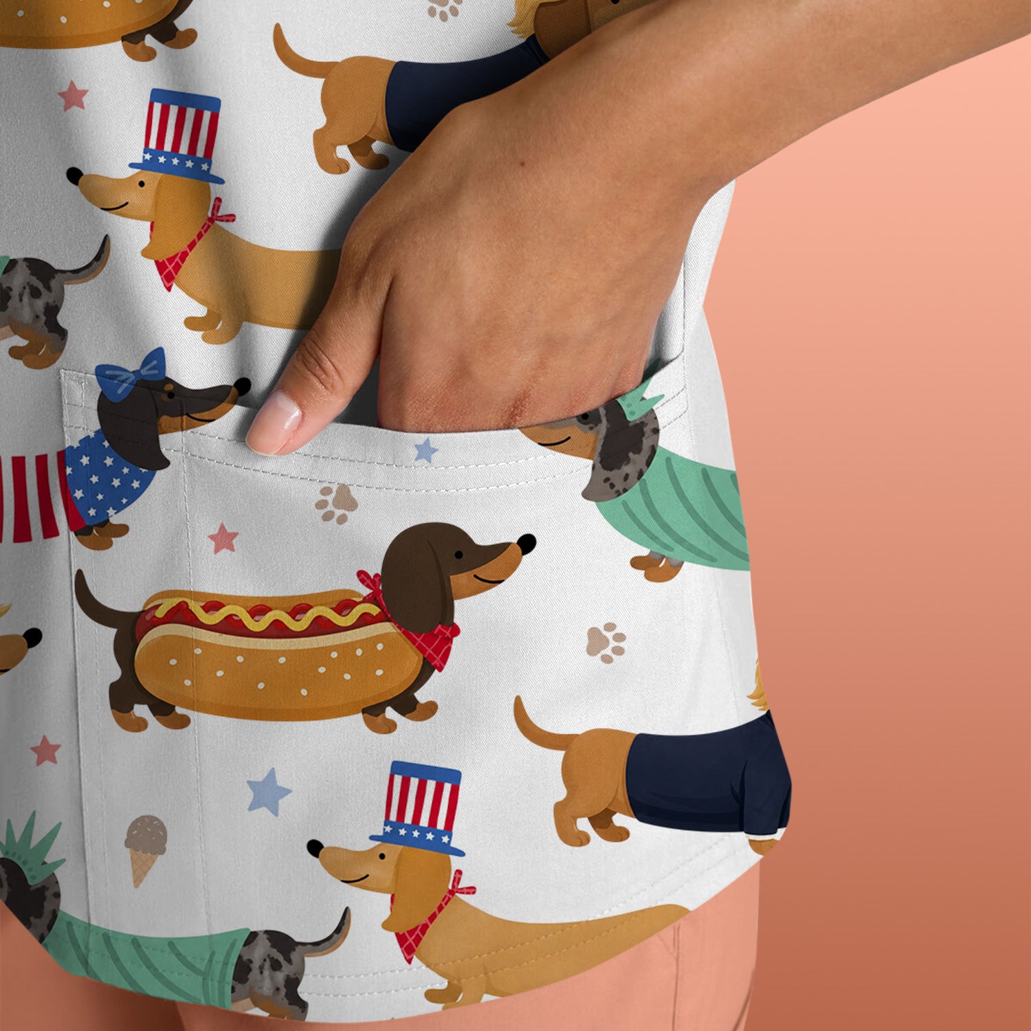 Funny Patriotic Dachshund Costume Dogs Pattern Scrub Top, Breathable Fabrics Nursing Uniform