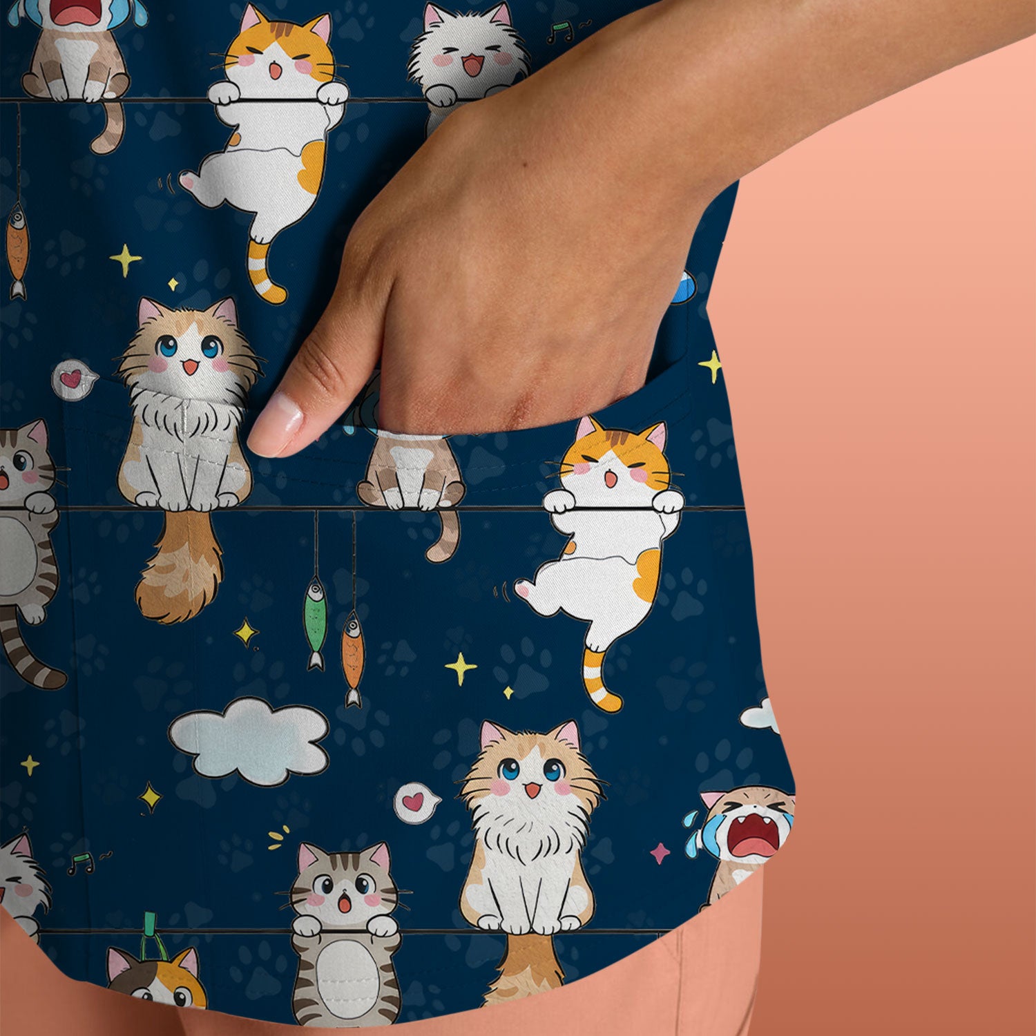Funny Cats With Cute Expressions Pattern Scrubs Top, Comfortable Scrubs for Nurses