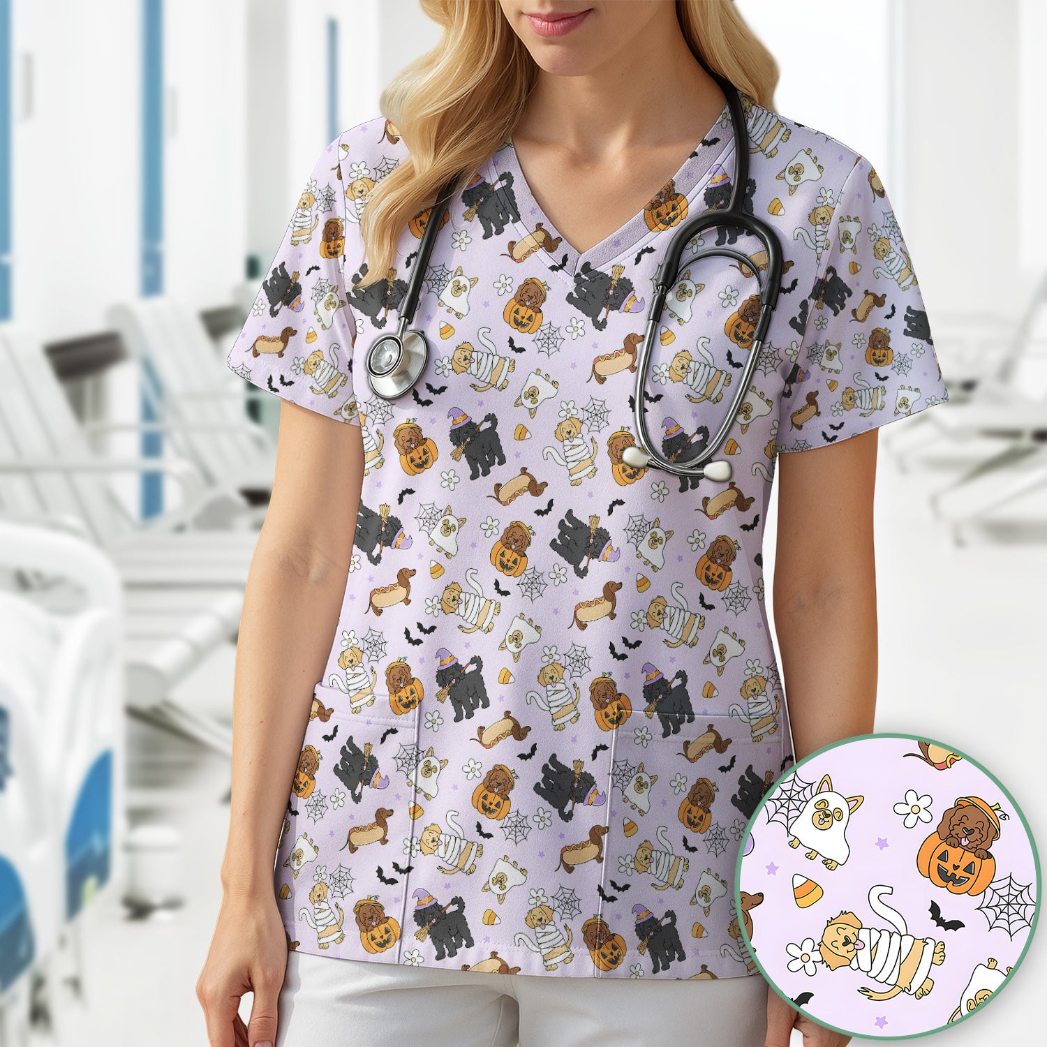 Cute Halloween Costumed Pets Scrub Top, Comfortable Scrubs for Nurses