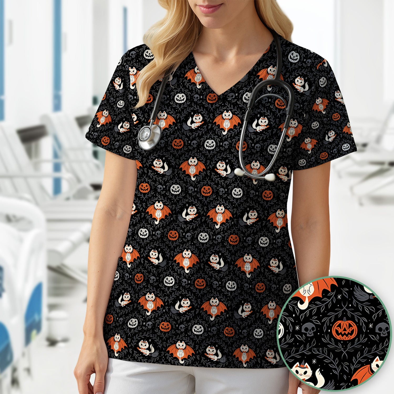 Cute Halloween Vampire Cat Pattern Scrub Top, Comfortable Scrubs for Nurses
