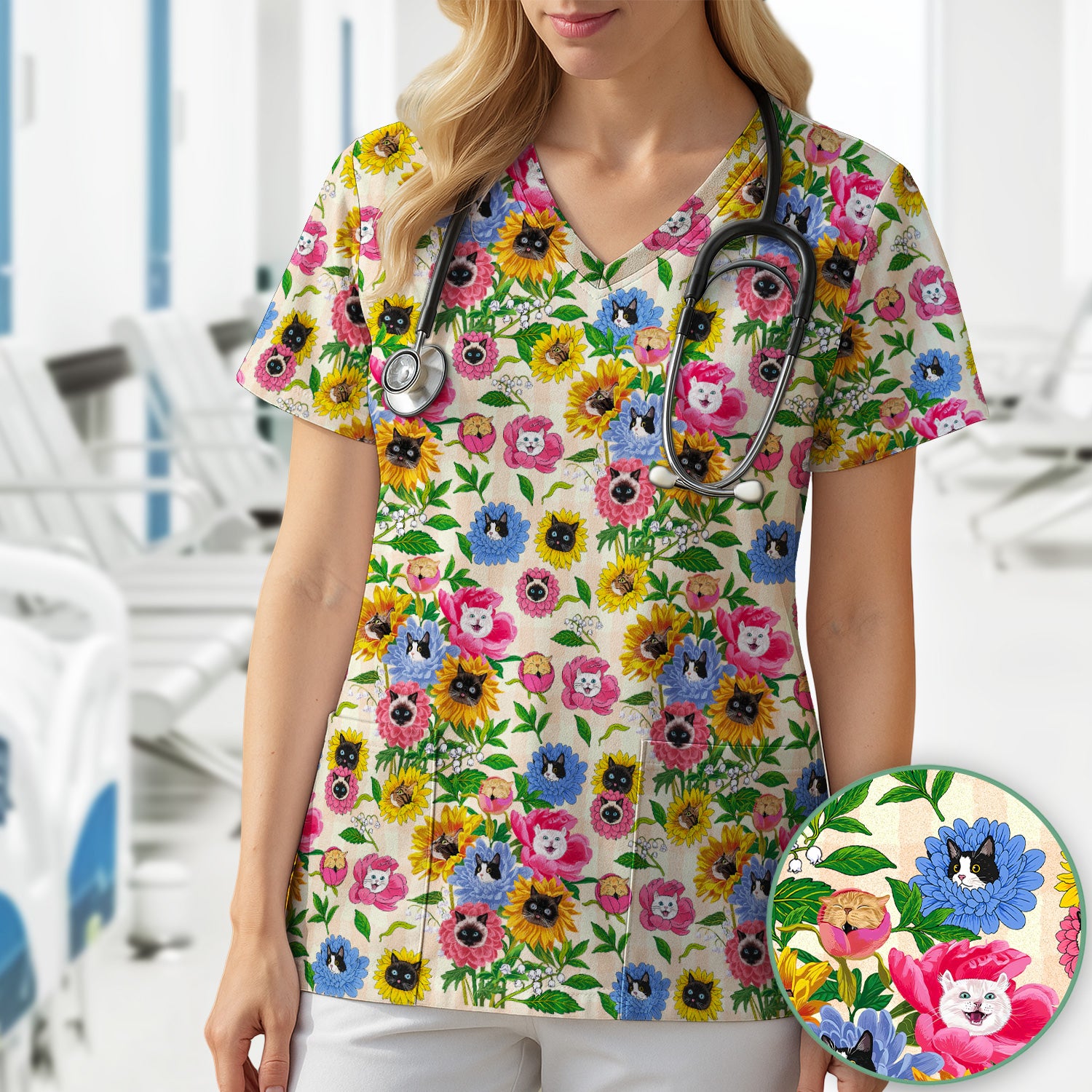 Cat Face Hidden In Colorful Flower Garden Scrub Top, Breathable Fabrics Nursing Uniform