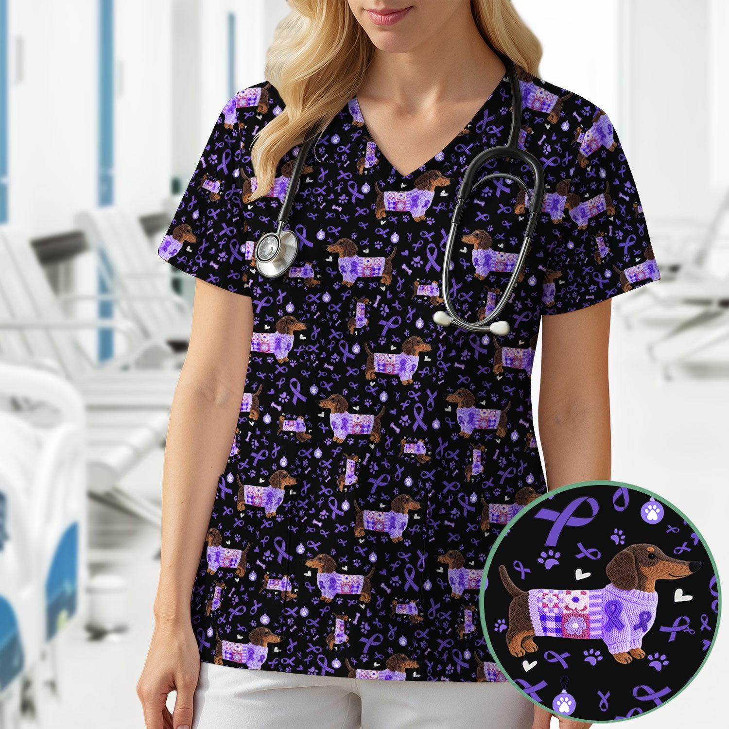 Purple Ribbon Dachshund Scrub Top for Nurses - Cute Awareness Dog Paw Prints - Support Lupus Cancer Med Uniform Gift for Women