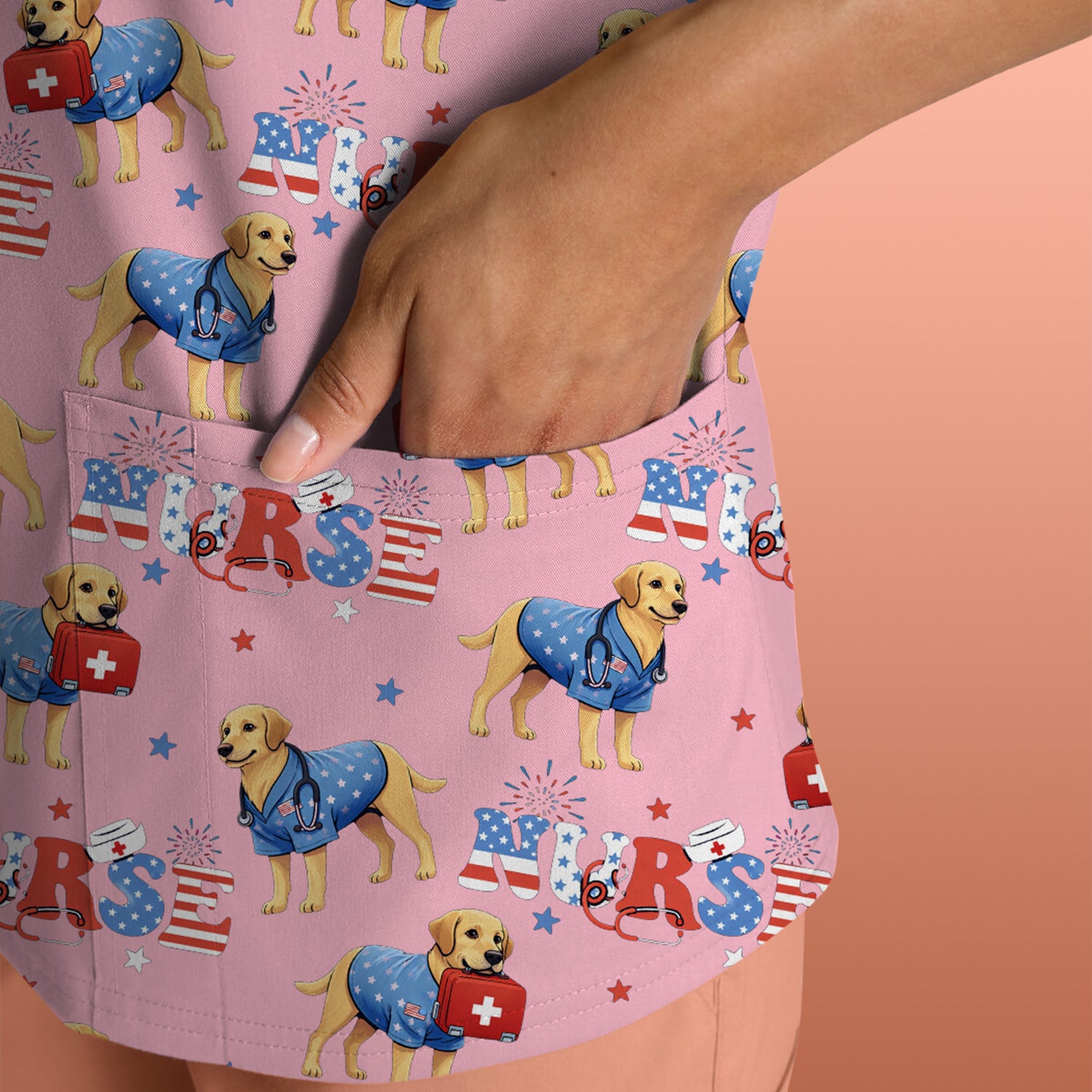 Patriotic Nurse Dog Medical Pattern Scrub Top, Breathable Fabrics Nursing Uniform