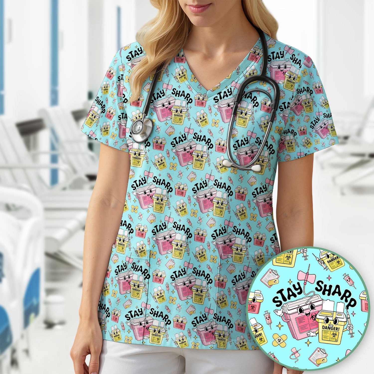 Stay Sharp Nurse Scrub Top, Cute Medical Pattern Scrubs, Breathable Fabrics Nursing Uniform