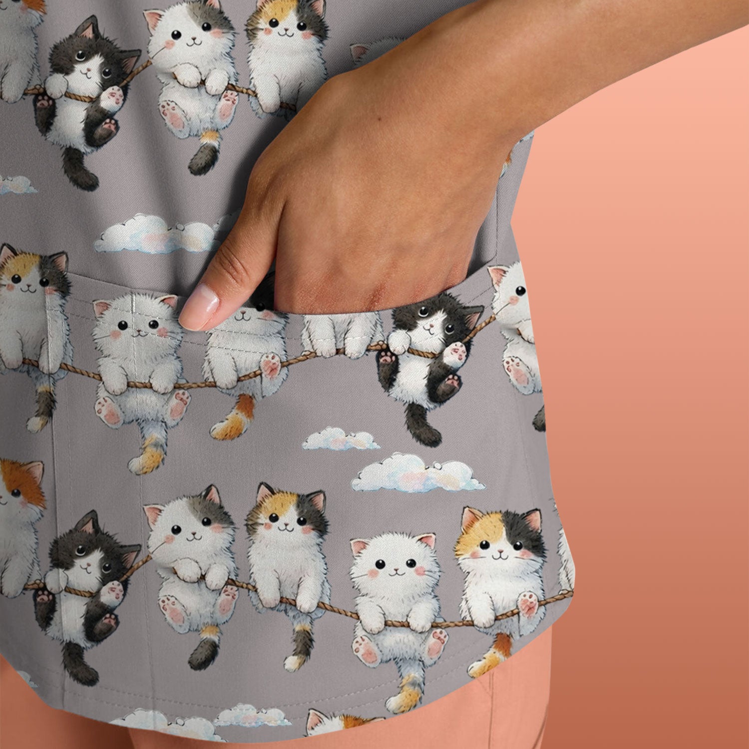 Cute Cats Sitting on Rope Pattern Scrubs Top, Comfortable Scrubs for Nurses