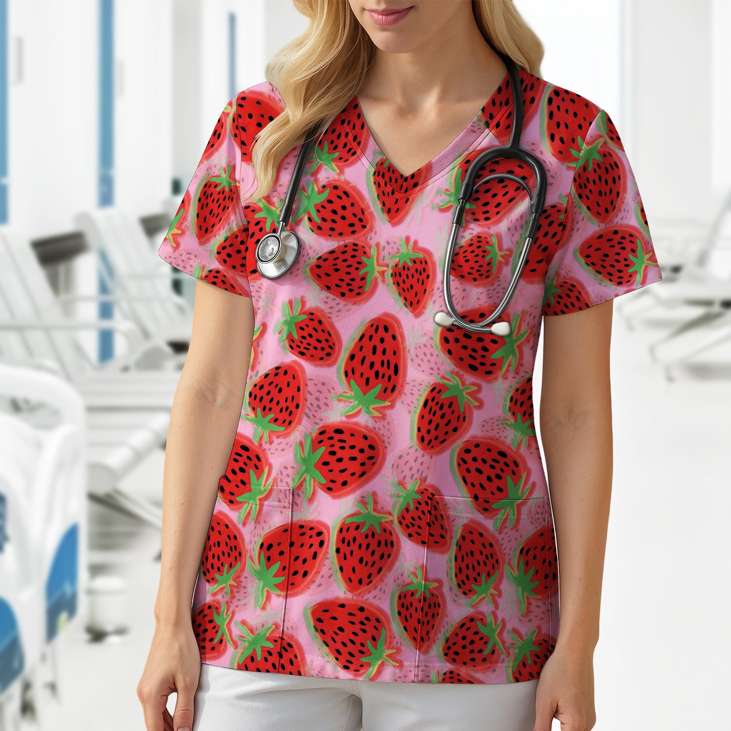 Pink Strawberry Pattern Scrub Top, Comfortable Scrubs for Nurses