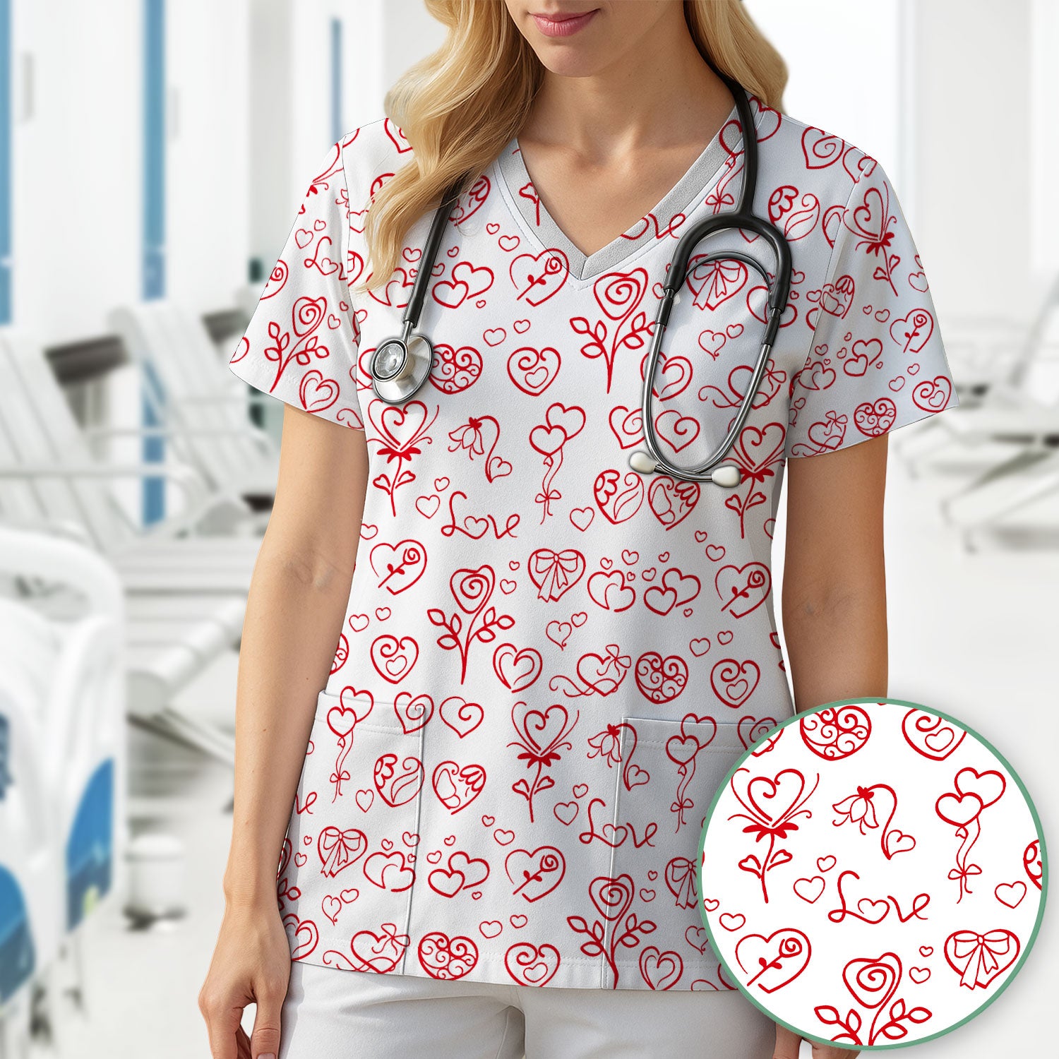 Cute Valentine Heart Scrub Top, Artistic Heart Pink Love Line Art Pattern Nurse Shirt, Comfortable Scrubs For Nursing