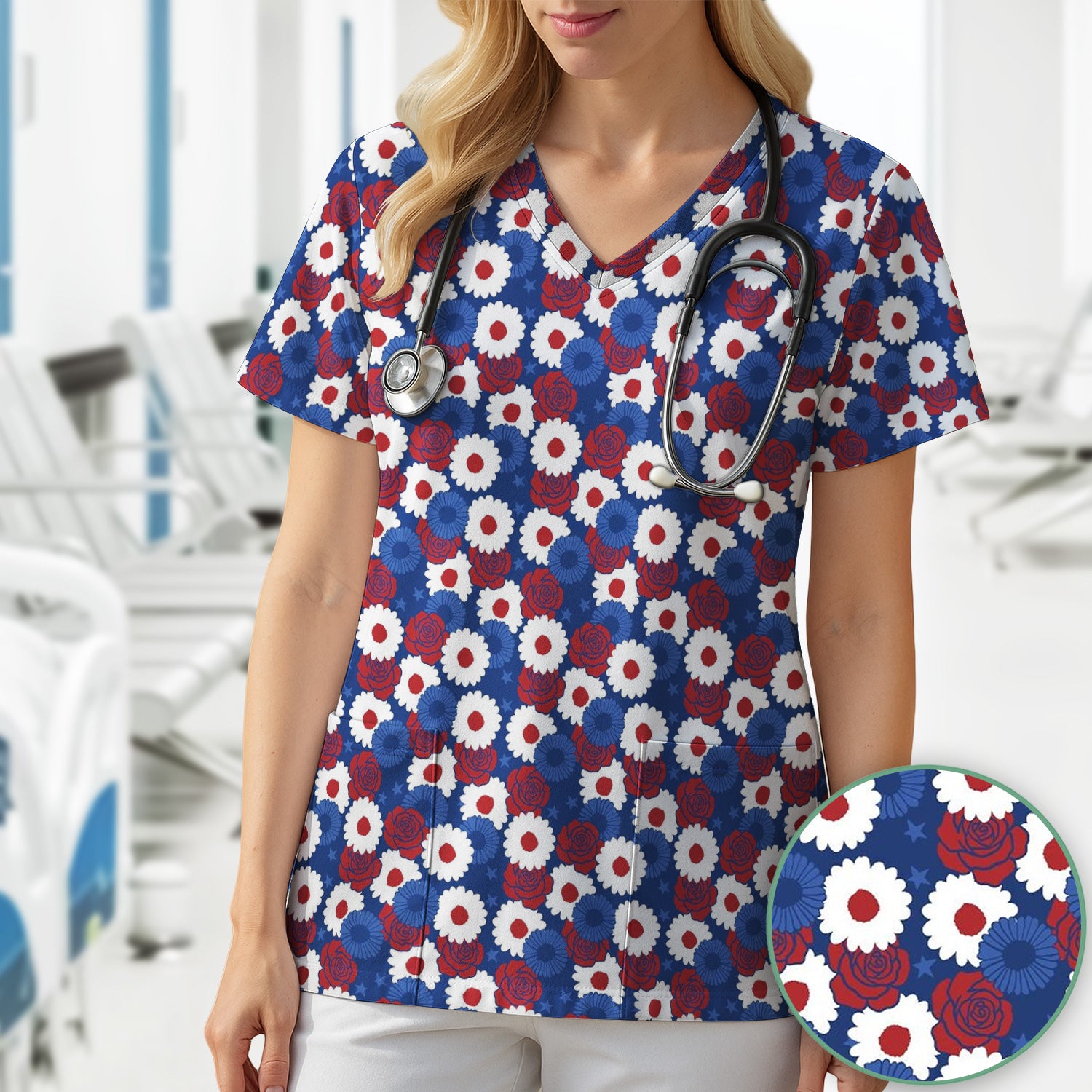 Daisy Rose Floral Pattern Scrub Top, Comfortable Scrubs for Nurses