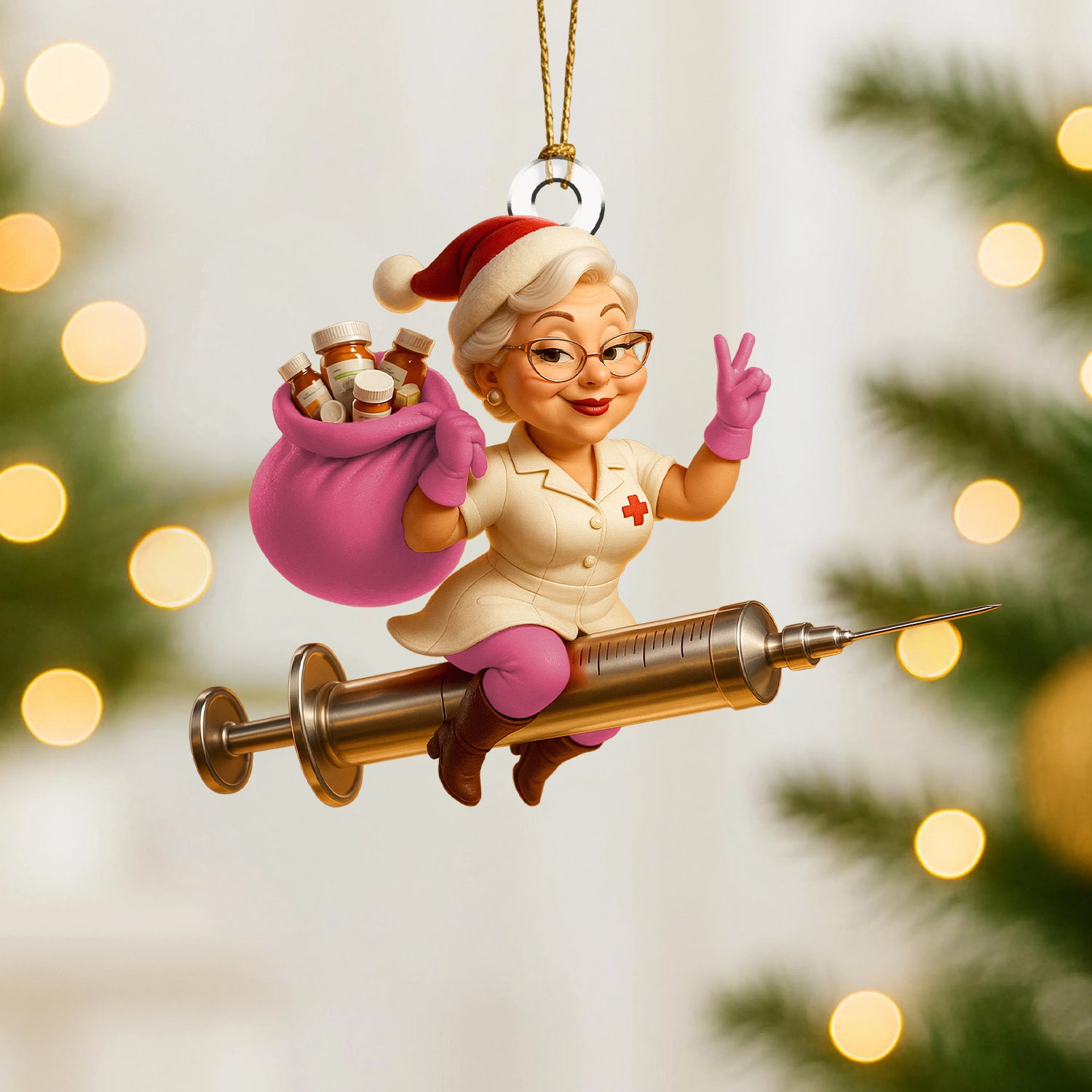 Funny Nurse Christmas Ornament, Custom Healthcare Worker Ornament, Santa Nurse Riding Syringe, Unique RN Xmas Gift