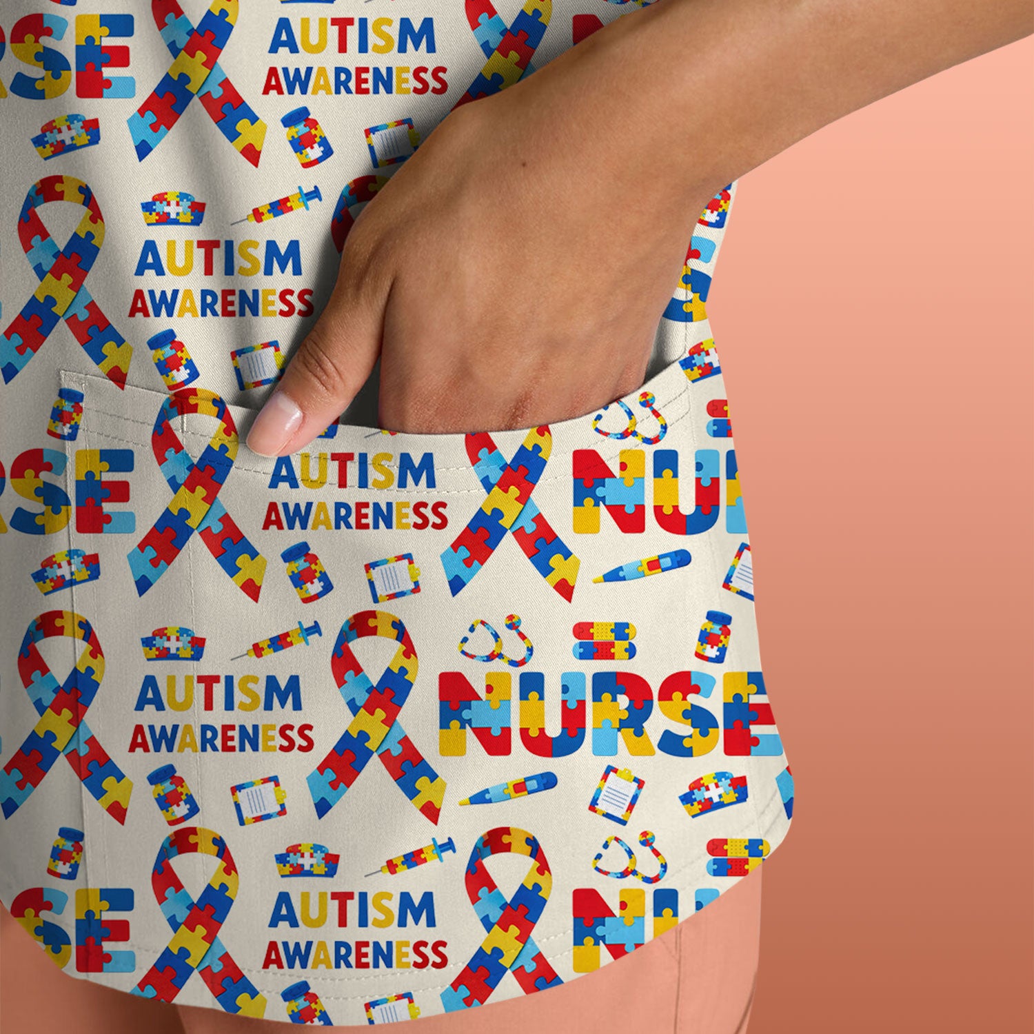 Autism Awareness Nurse Puzzle Ribbon Print Scrubs, Comfortable Scrubs for Nurses