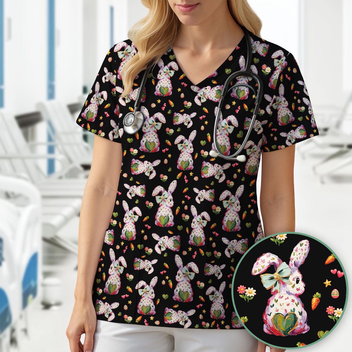Cute Pastel Bunny Easter Pattern Scrub Top, Comfortable Scrubs for Nurses