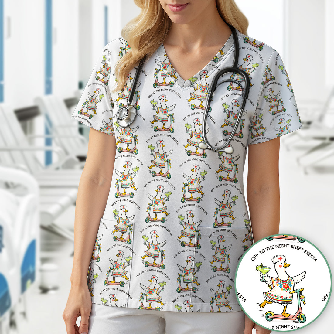 Funny Duck Scooter Night Shift Fiesta Scrub Top, Comfortable Scrubs for Nurses