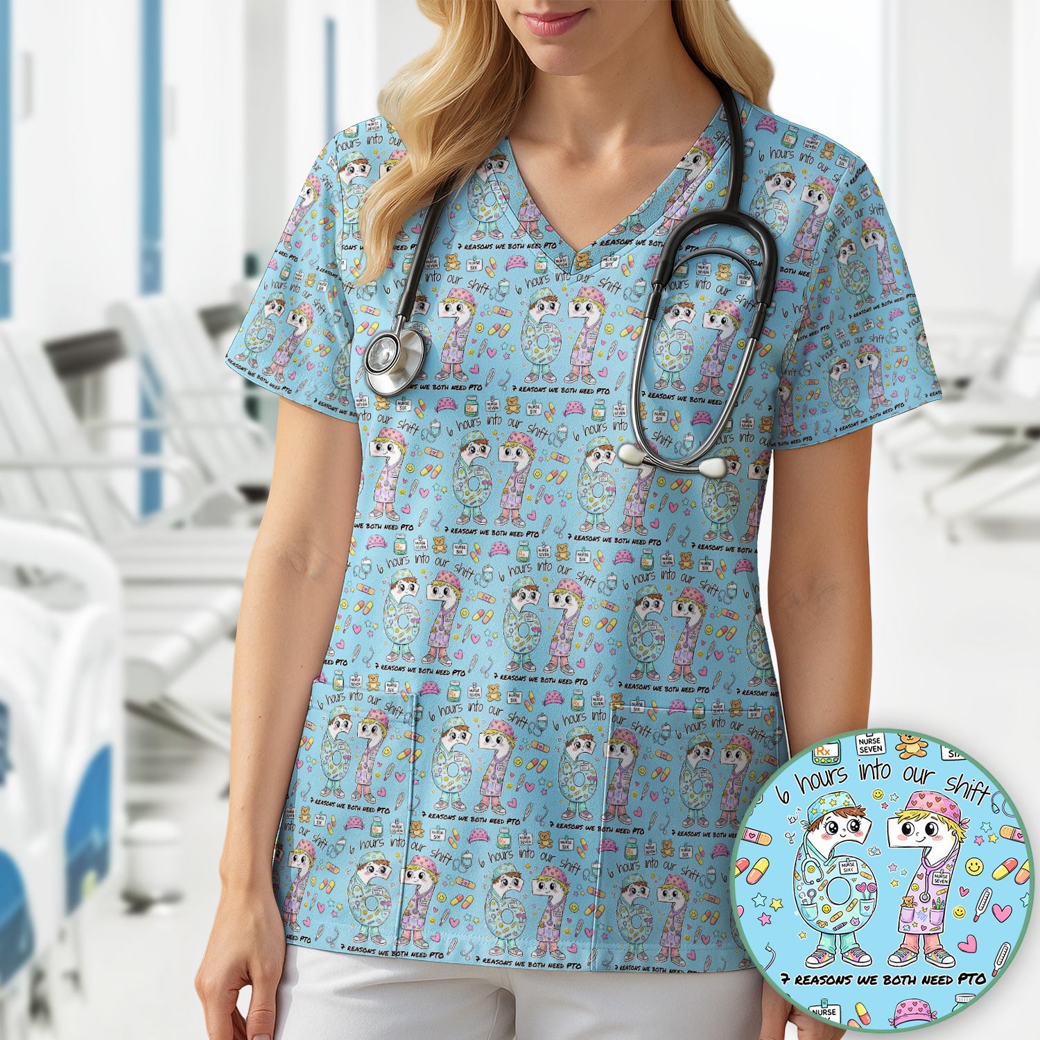 Cartoon Characters Six Hours Into Shift With Medical Doodle Scrub Top, Breathable Fabrics Nursing Uniform