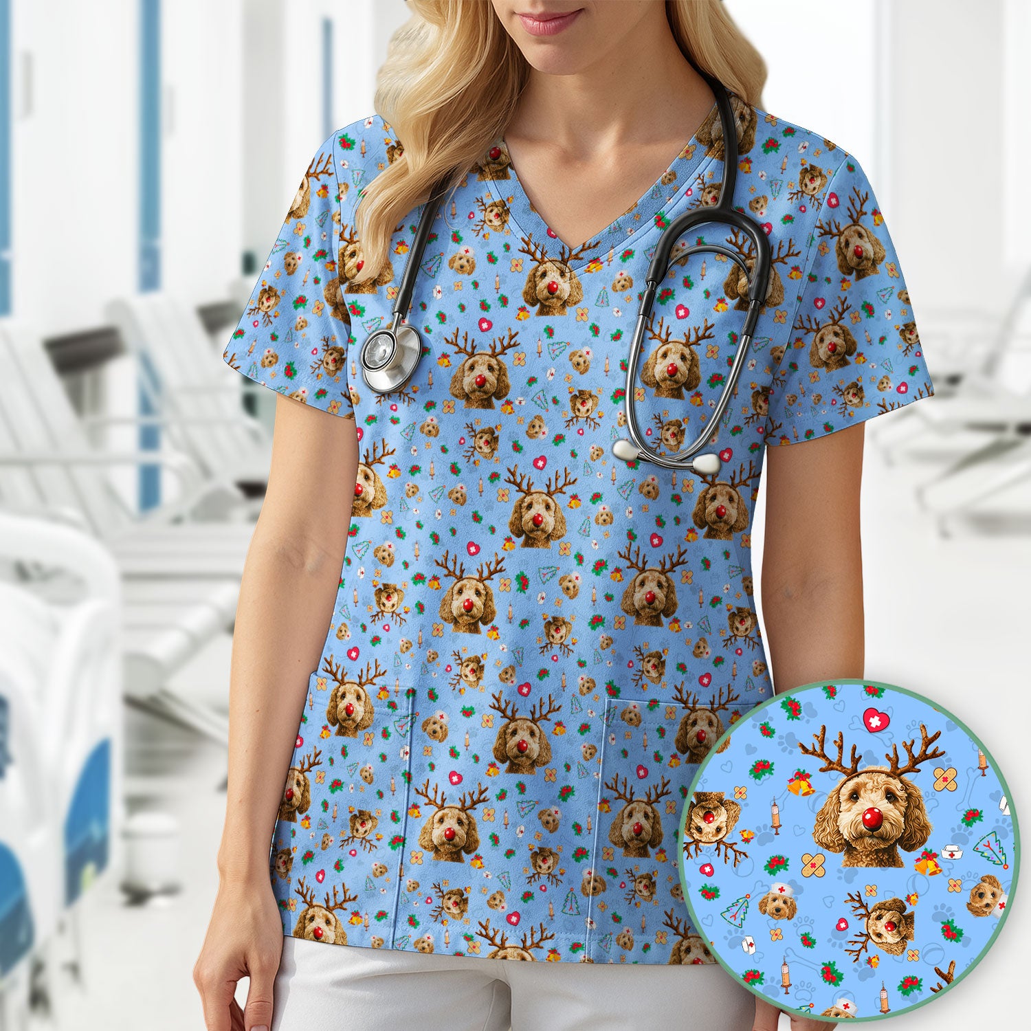 Labradoodle Reindeer Christmas Scrub Top - Funny Dog Nurse Shirt - Cute Holiday Medical Uniform for Women RN LPN CNA Gift