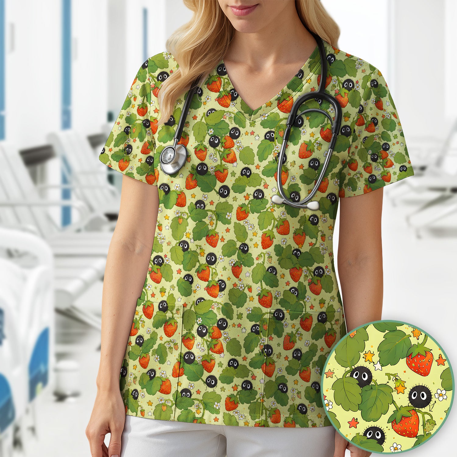 Cute Strawberry Soot Sprite Pattern Scrub Top, Comfortable Scrubs for Nurses