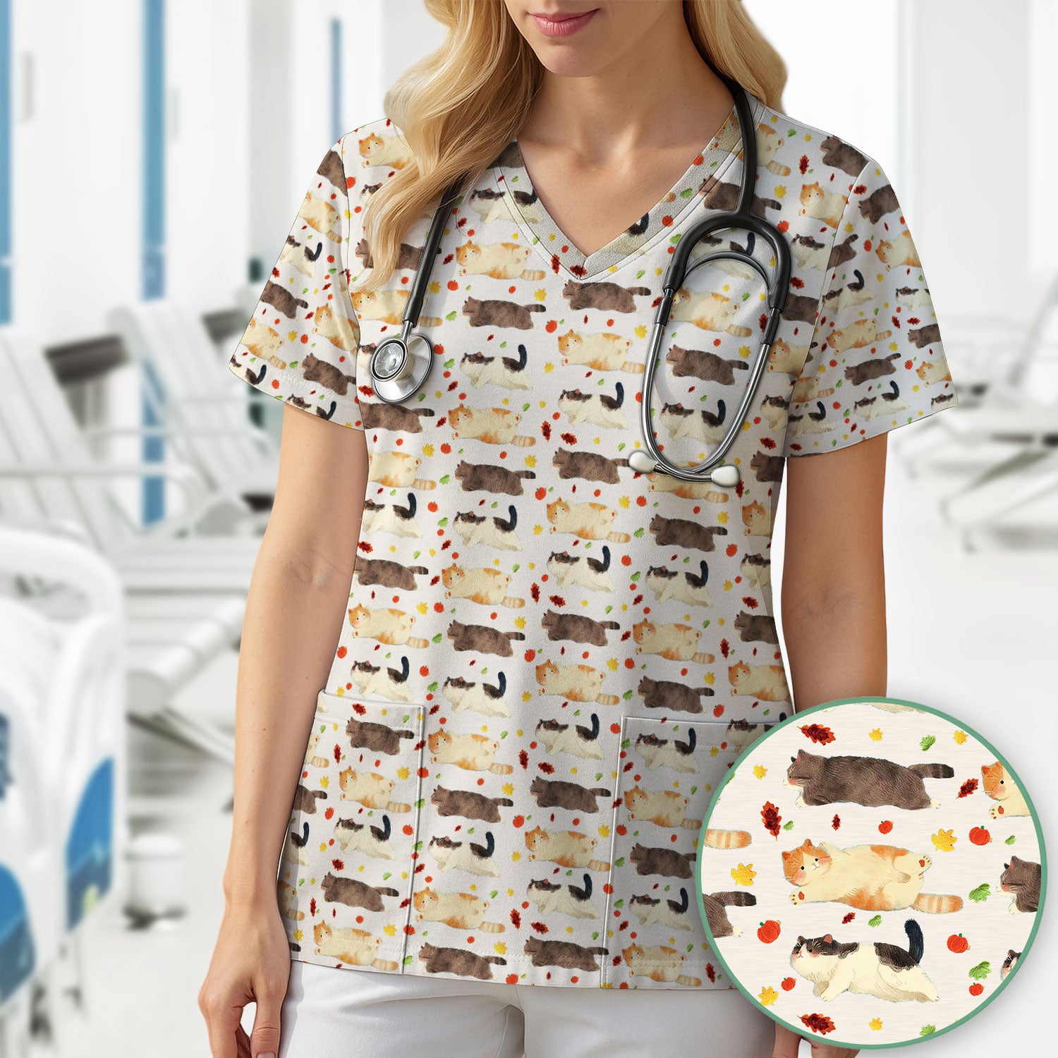 Chubby Cat Autumn Leaves Print Scrub Top, Breathable Fabrics Nursing Uniform