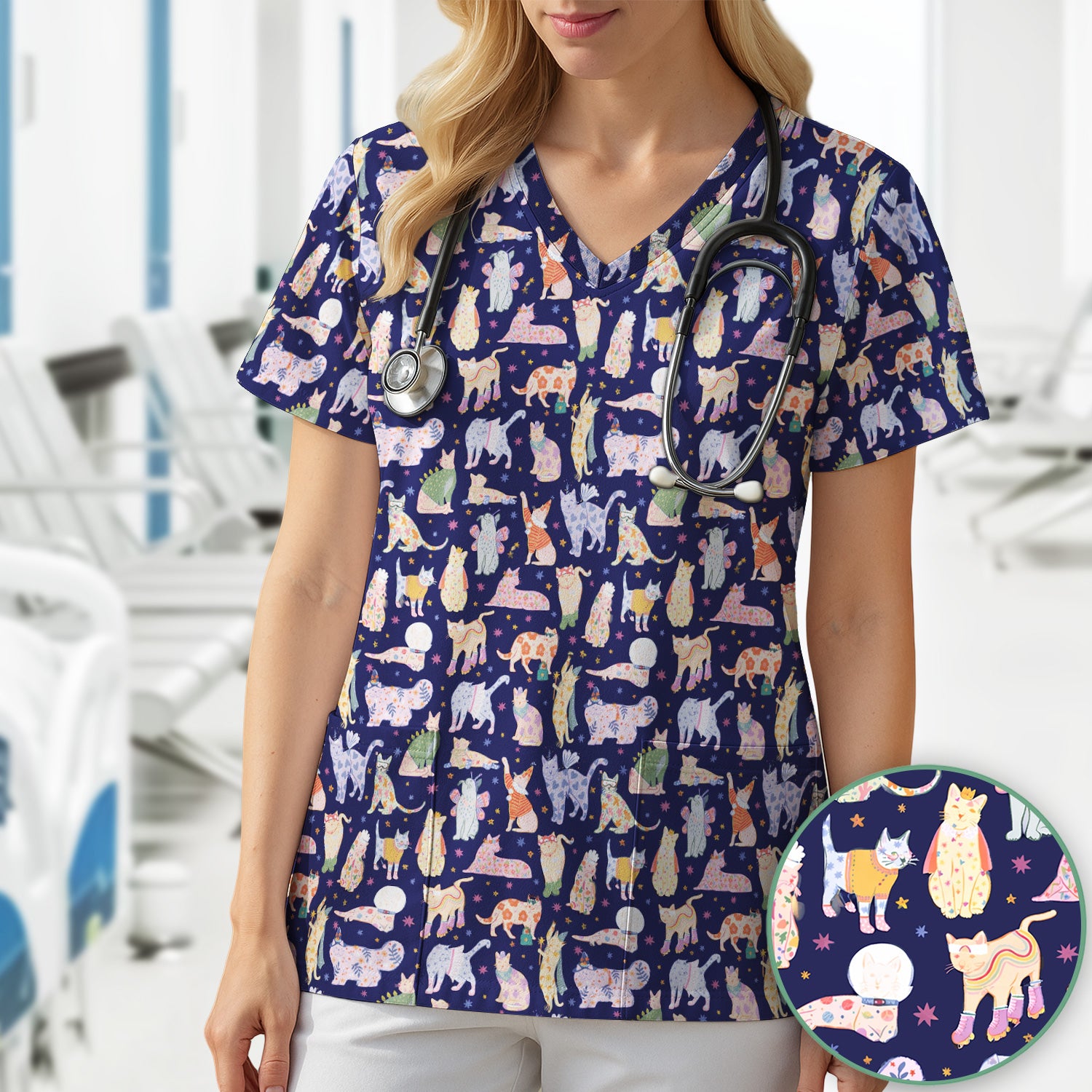 Cute Colorful Cats Pattern Scrub Top, Comfortable Scrubs for Nurses