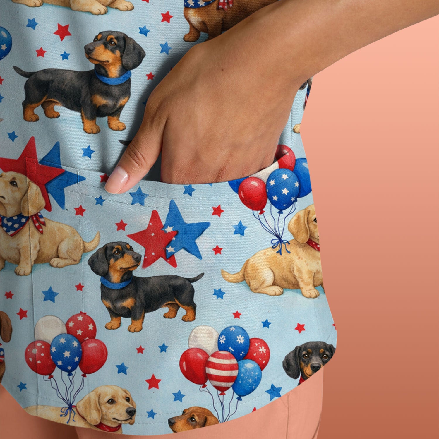 Cute Patriotic Dachshund Balloon Star Pattern Scrub Top, Comfortable Scrubs For Nurses