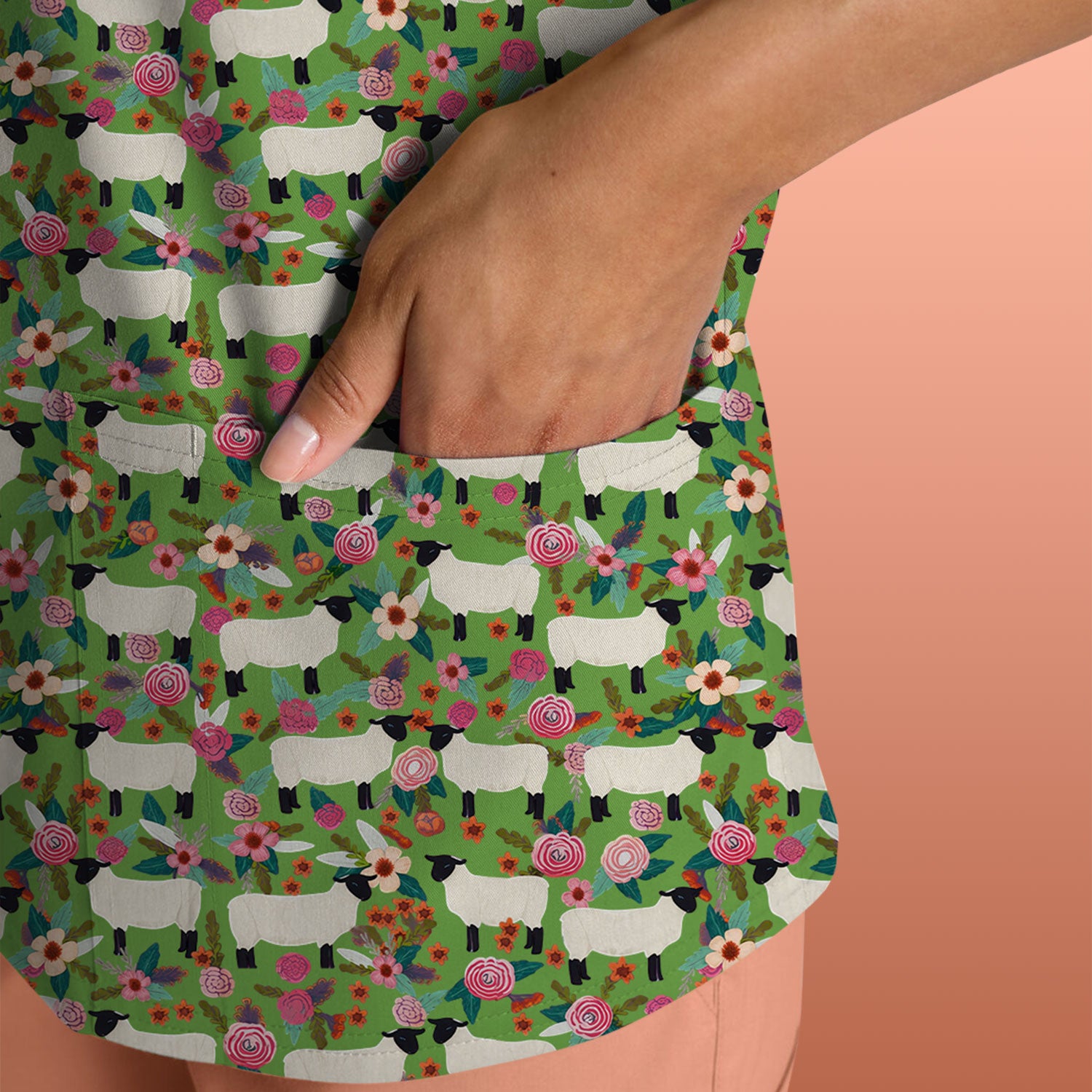 Cute Sheep Floral Meadow Pattern Scrub Top, Comfortable Scrubs For Nurses