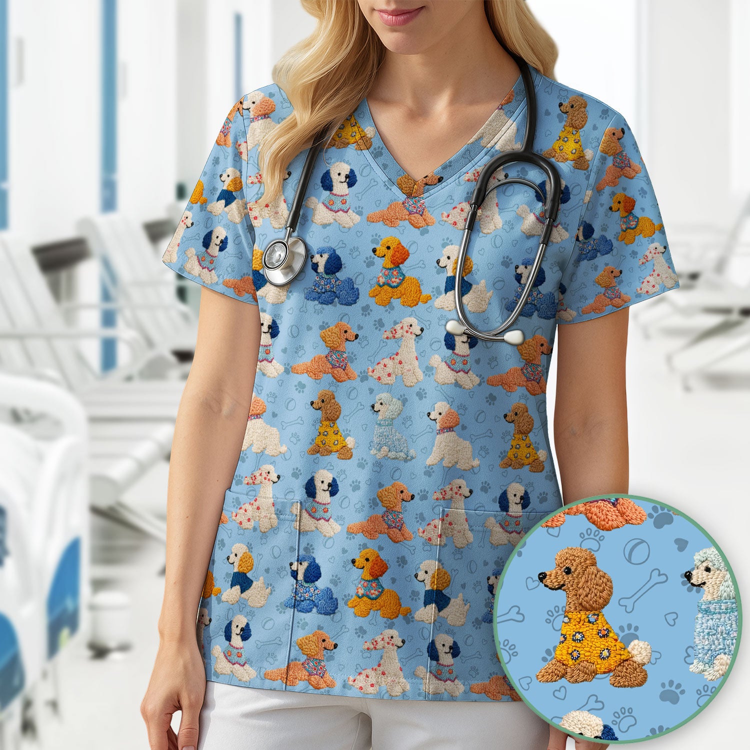 Cute Colorful Poodle Pattern Scrub Top, Comfortable Scrubs for Nurses