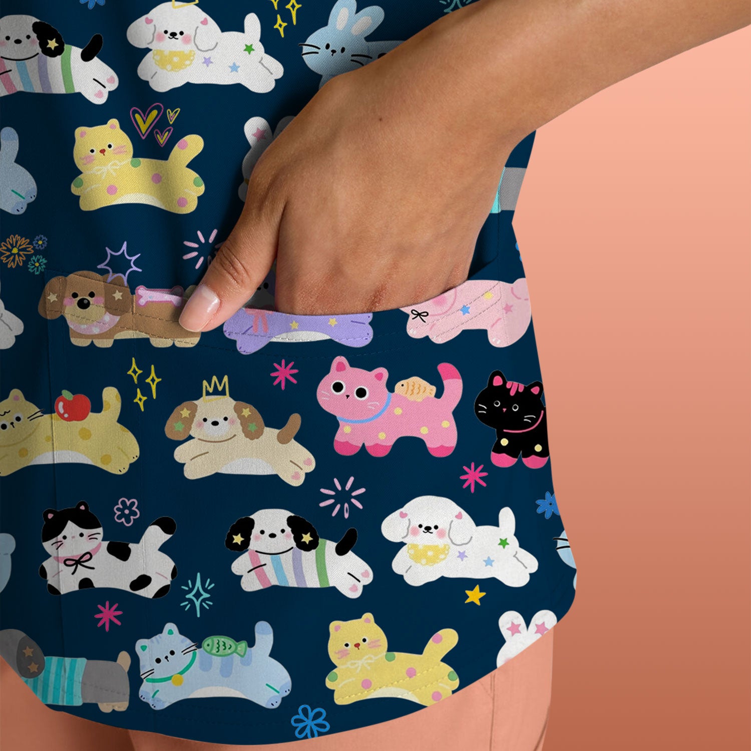 Cute Kawaii Animal Pattern Scrub Top for Women, Breathable Nursing Uniform