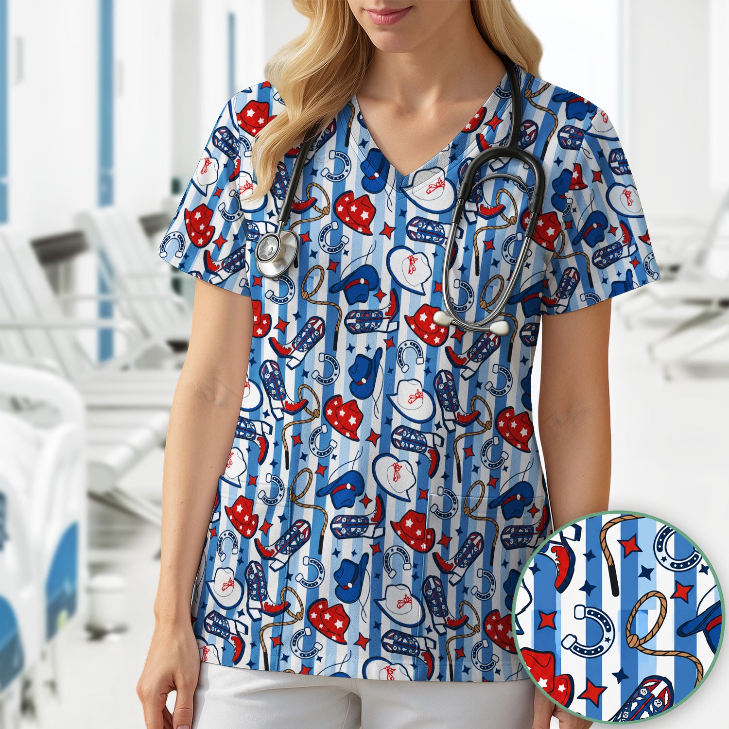 Western Cowboy Boots And Hats Print Scrub Top, Comfortable Scrubs for Nurses