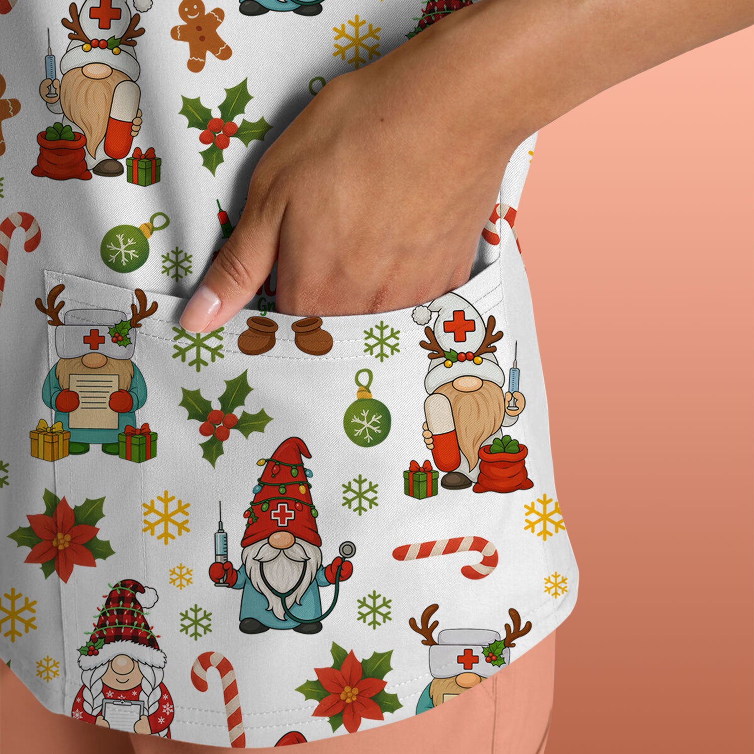 Christmas Gnome Nurse Scrub Top - Cute Holiday Santa Reindeer Print Scrubs - Funny Xmas Medical Scrub Shirt Gift for Women, CNA, RN, Doctor