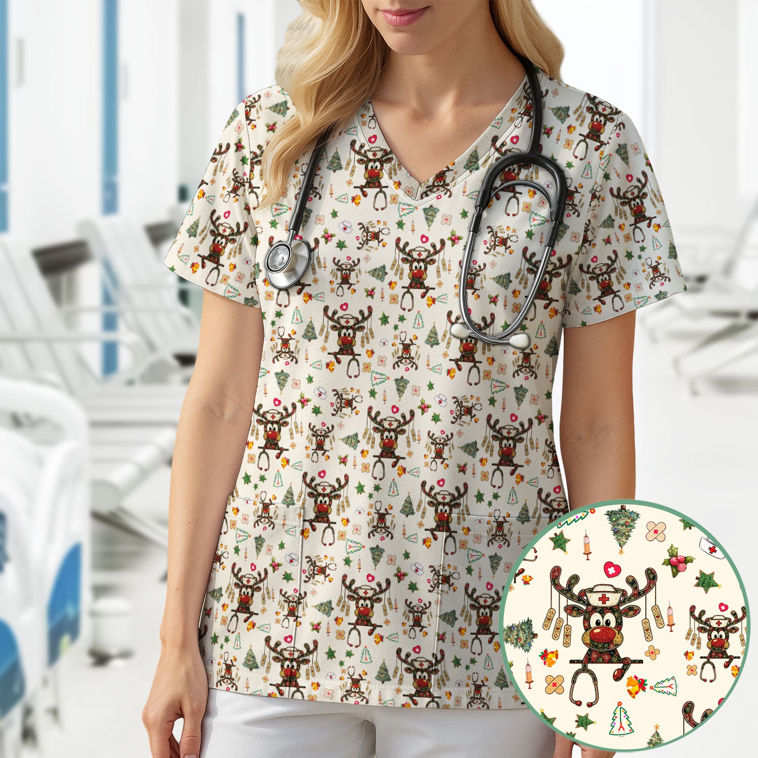 Reindeer Christmas Nurse Scrub Top - Funny Holiday Scrub Shirt - Cute Medical Uniform for Women RN LPN CNA Gift