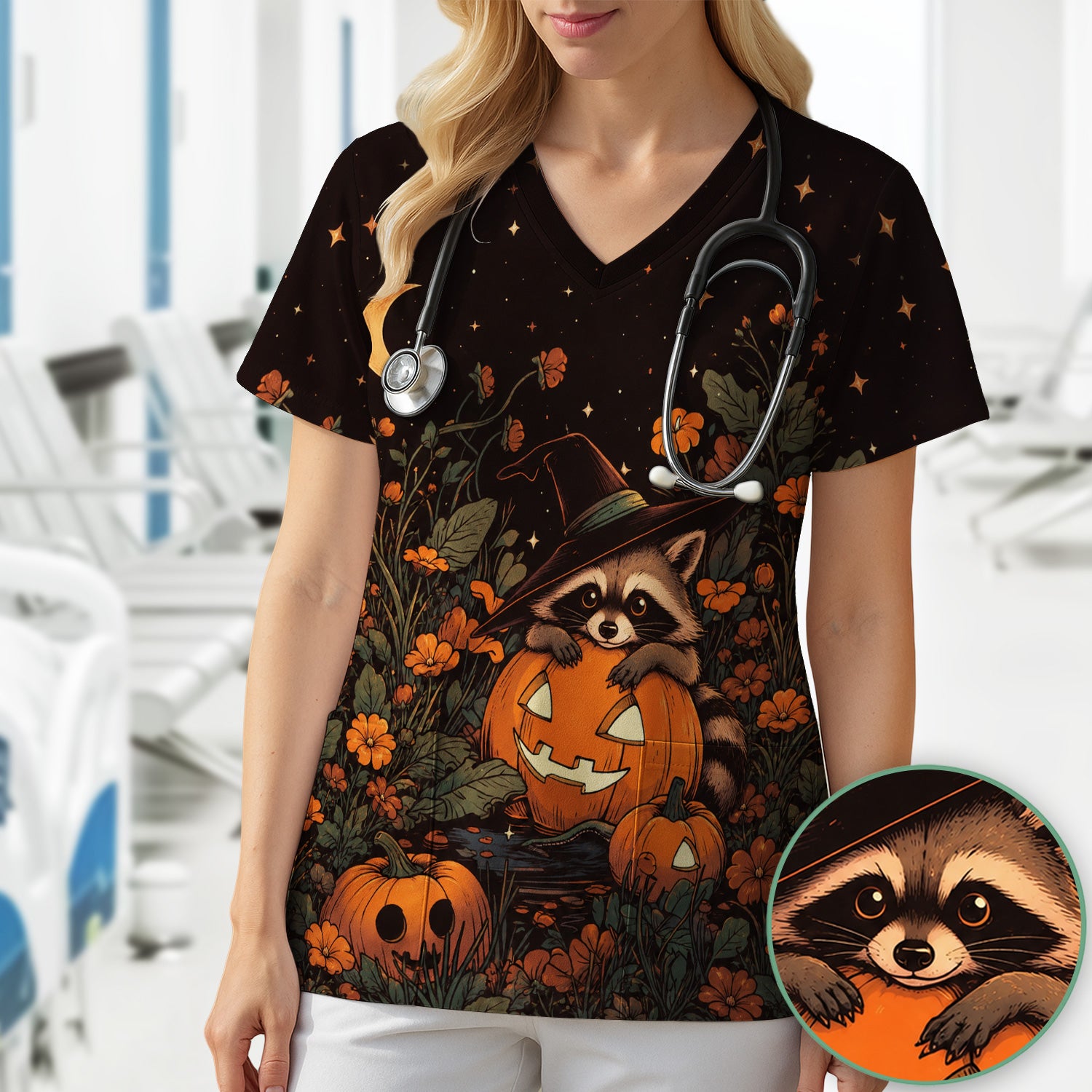 Spooky Halloween Raccoon Print Scrub Top, Comfortable Scrubs for Nurses