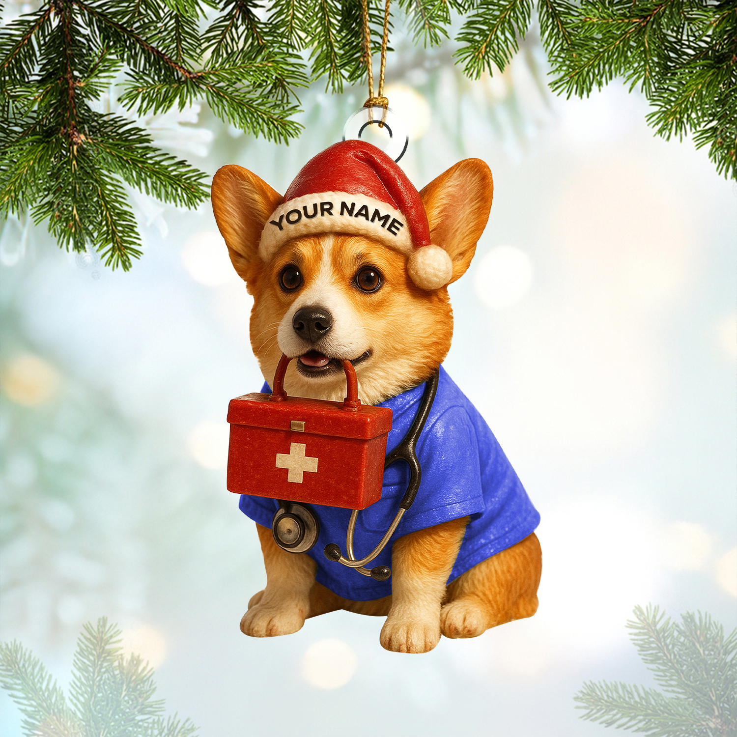 Personalized Corgi Nurse Christmas Ornament, Custom Name Dog Lover Ornament, Cute RN Holiday Gift for Healthcare Workers