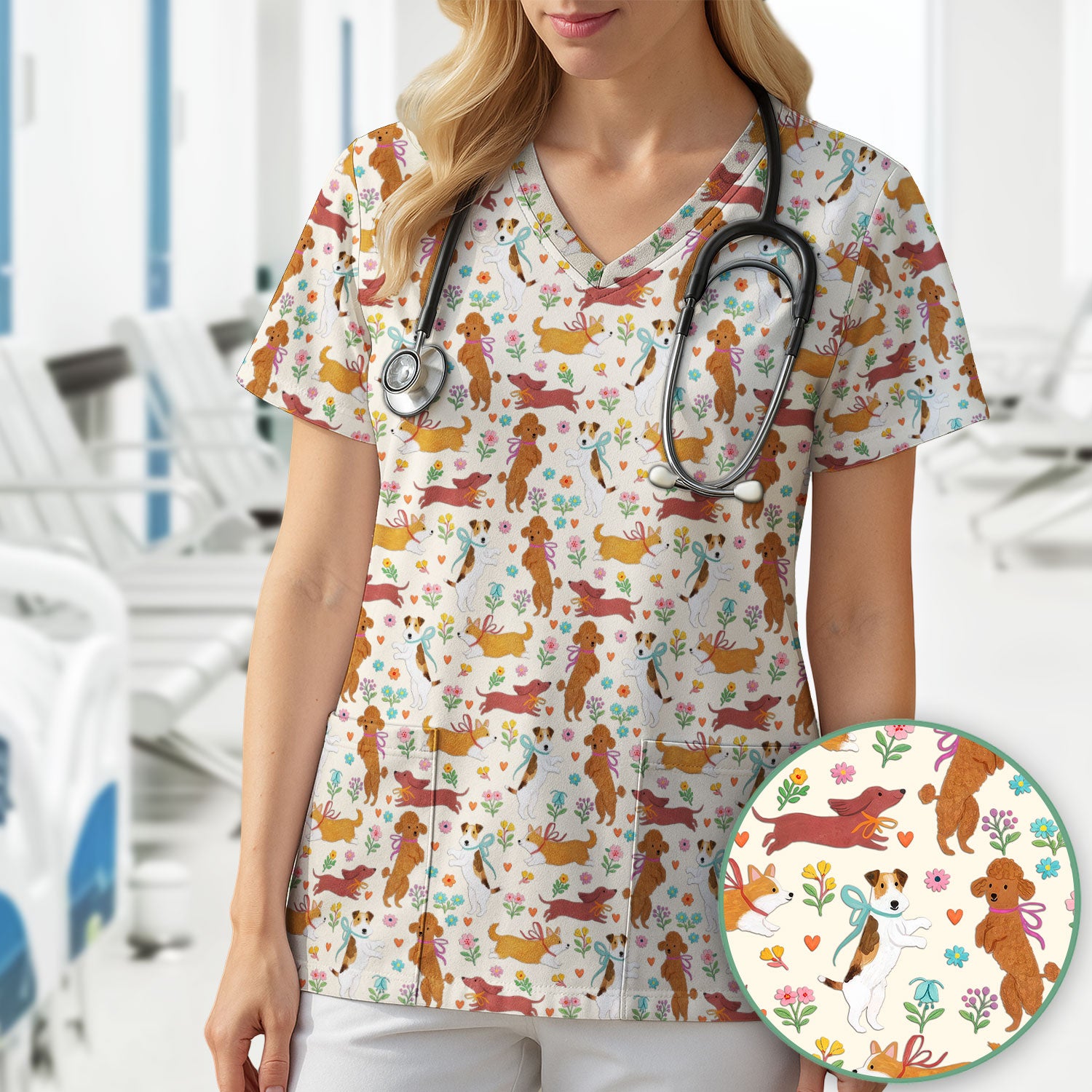 Cute Cartoon Dog Print Nurse Scrub Top, Comfortable Scrubs for Nurses
