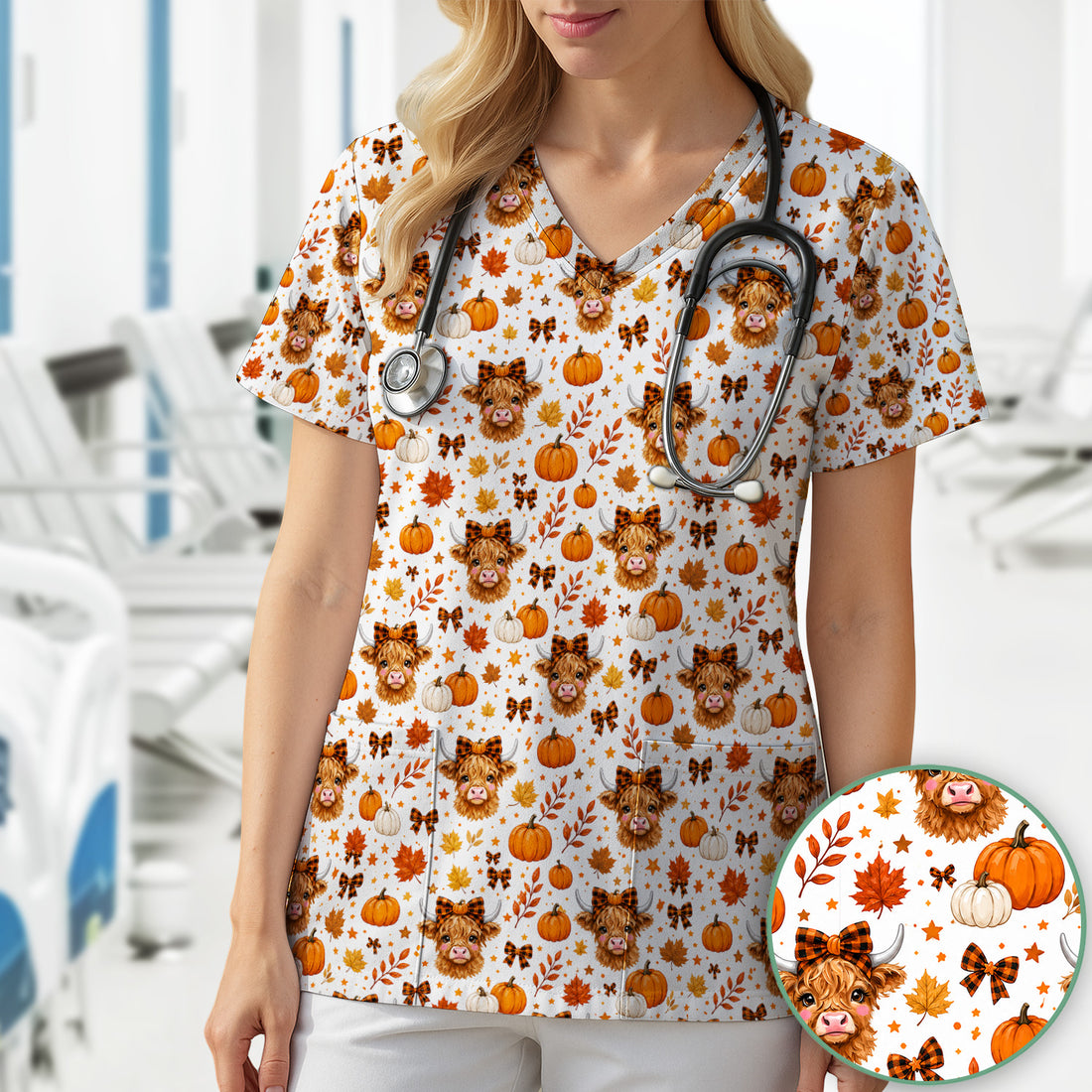 Cute Fall Highland Cow Scrub Top, Comfortable Scrubs for Nurses