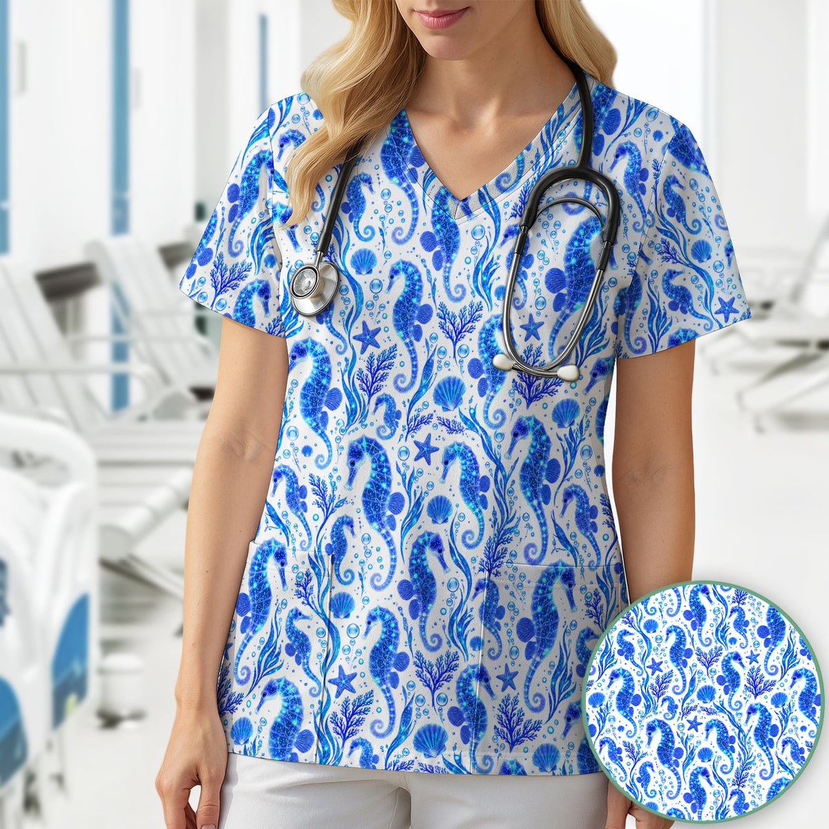 Blue Ocean Seahorse Pattern Scrub Top, Comfortable Scrubs for Nurses