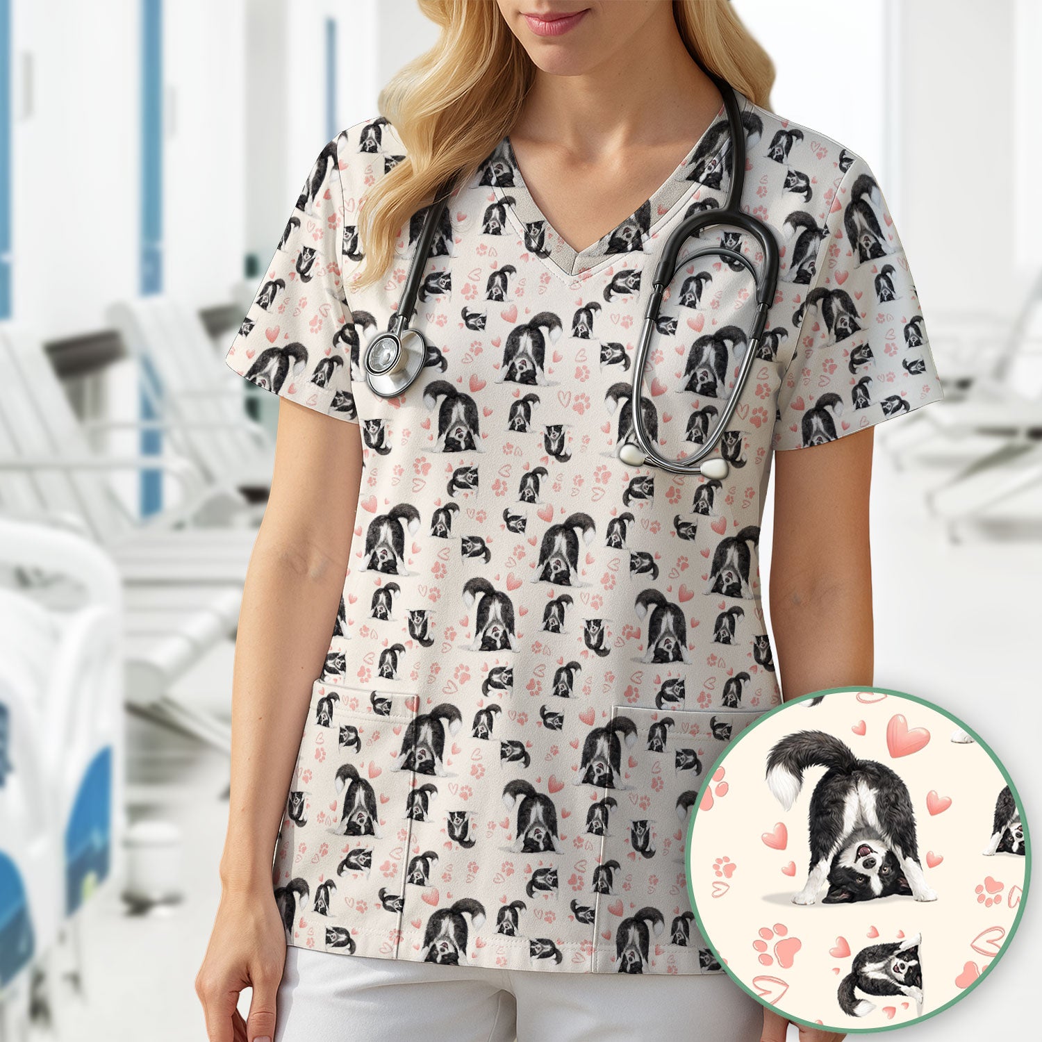 Cute Puppy Heart Medical Pattern Scrub Top, Comfortable Scrubs for Nurses