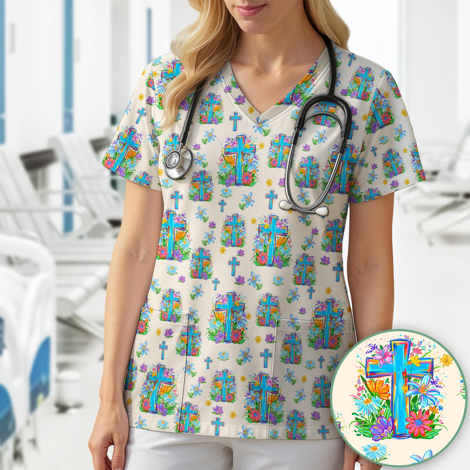 Christian Floral Cross Spring Pattern Scrub Top, Comfortable Scrubs for Nurses