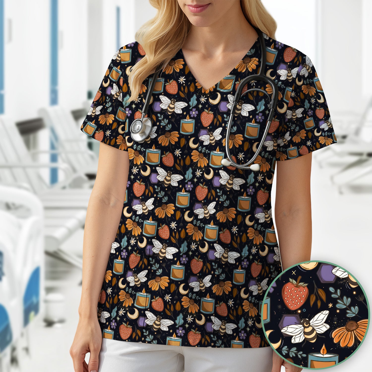 Bee Strawberry Floral Candle Pattern Scrub Top, Breathable Fabrics Nursing Uniform