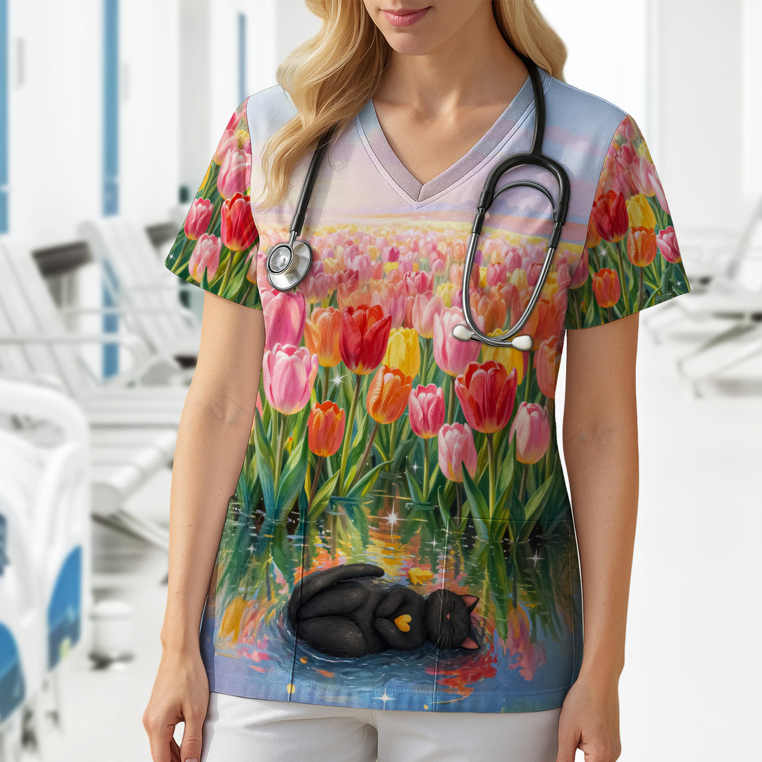 Sleeping Black Cat In Tulip Flower Field Scrub Top, Comfortable Scrubs for Nurses
