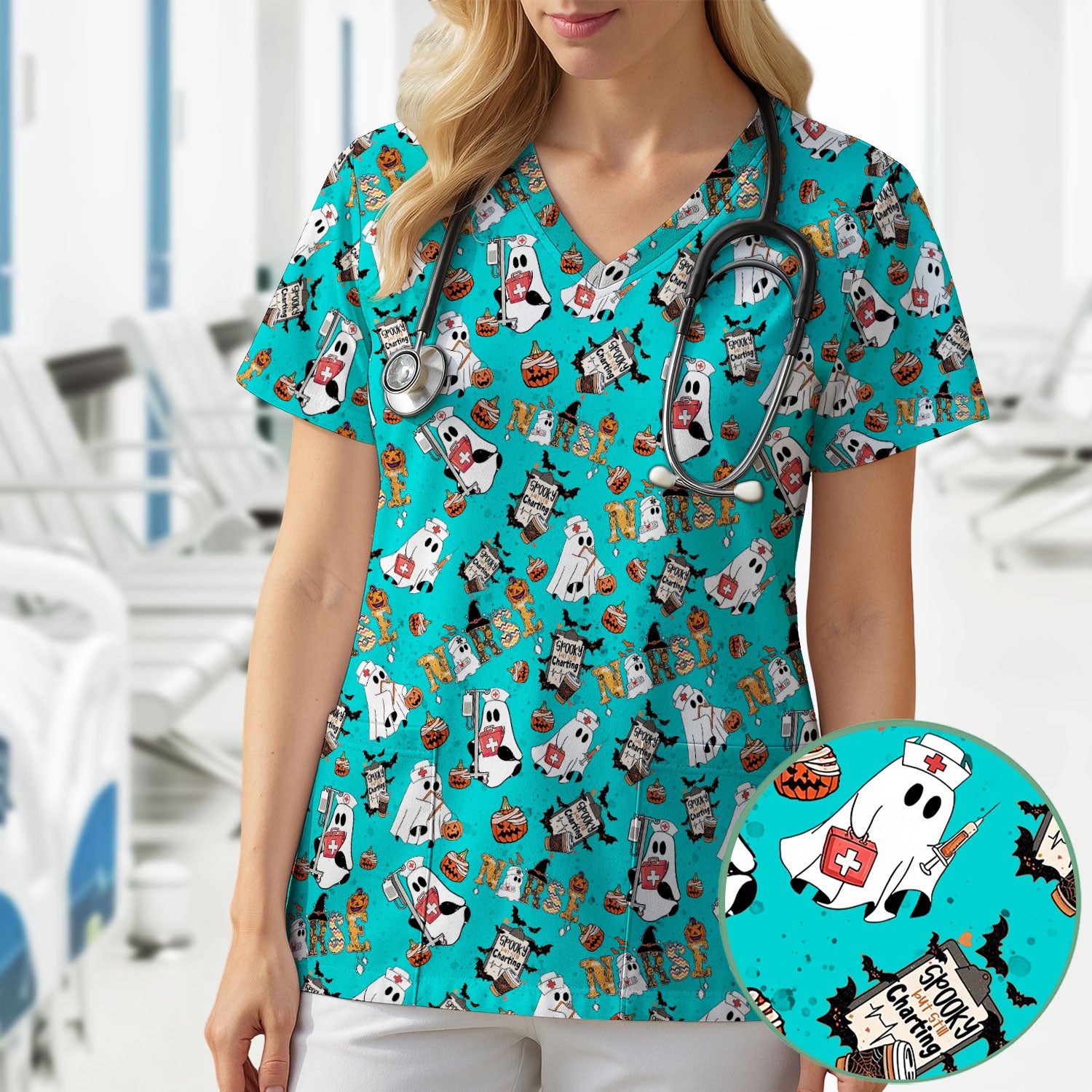 Spooky But Still Charting Halloween Scrub Top - Comfortable Scrubs for Nurses - Funny Boo Pumpkin Nursing Uniform