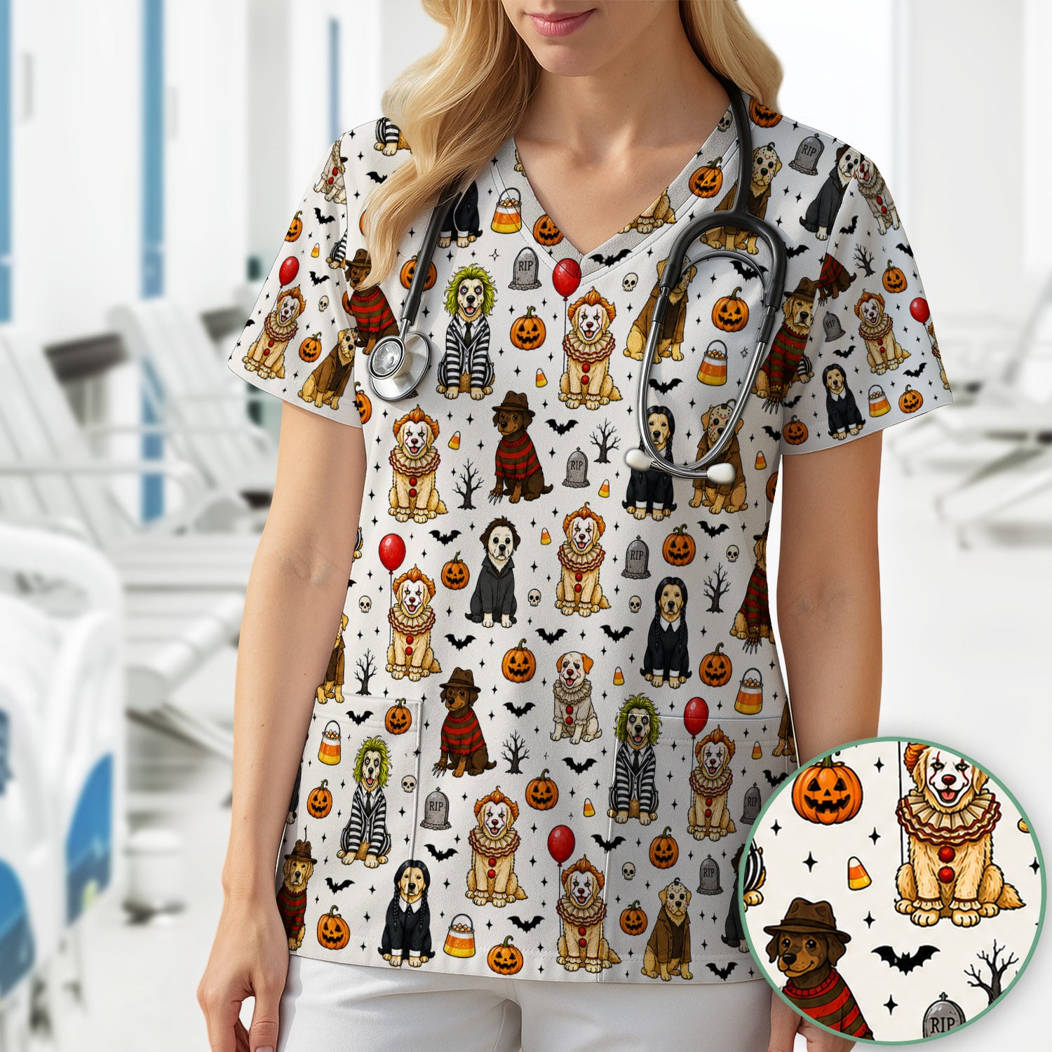 Funny Halloween Dog Pattern Scrub Top, Comfortable Scrubs for Nurses