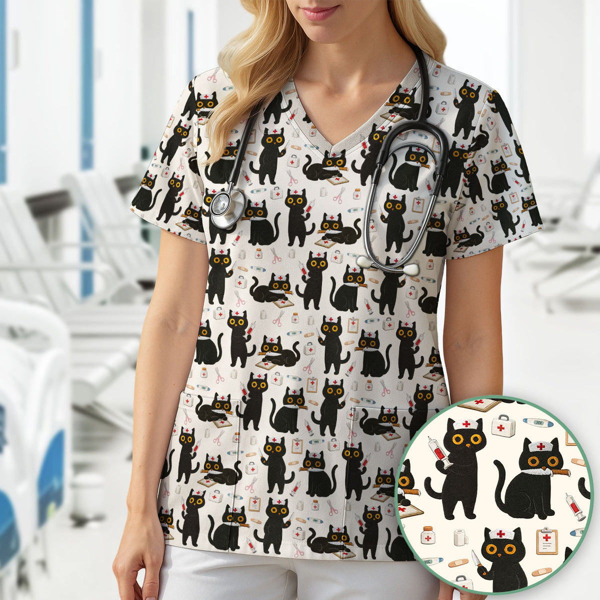 Cute Black Cat Nurse Pattern Scrub Top, Comfortable Scrubs for Nurses