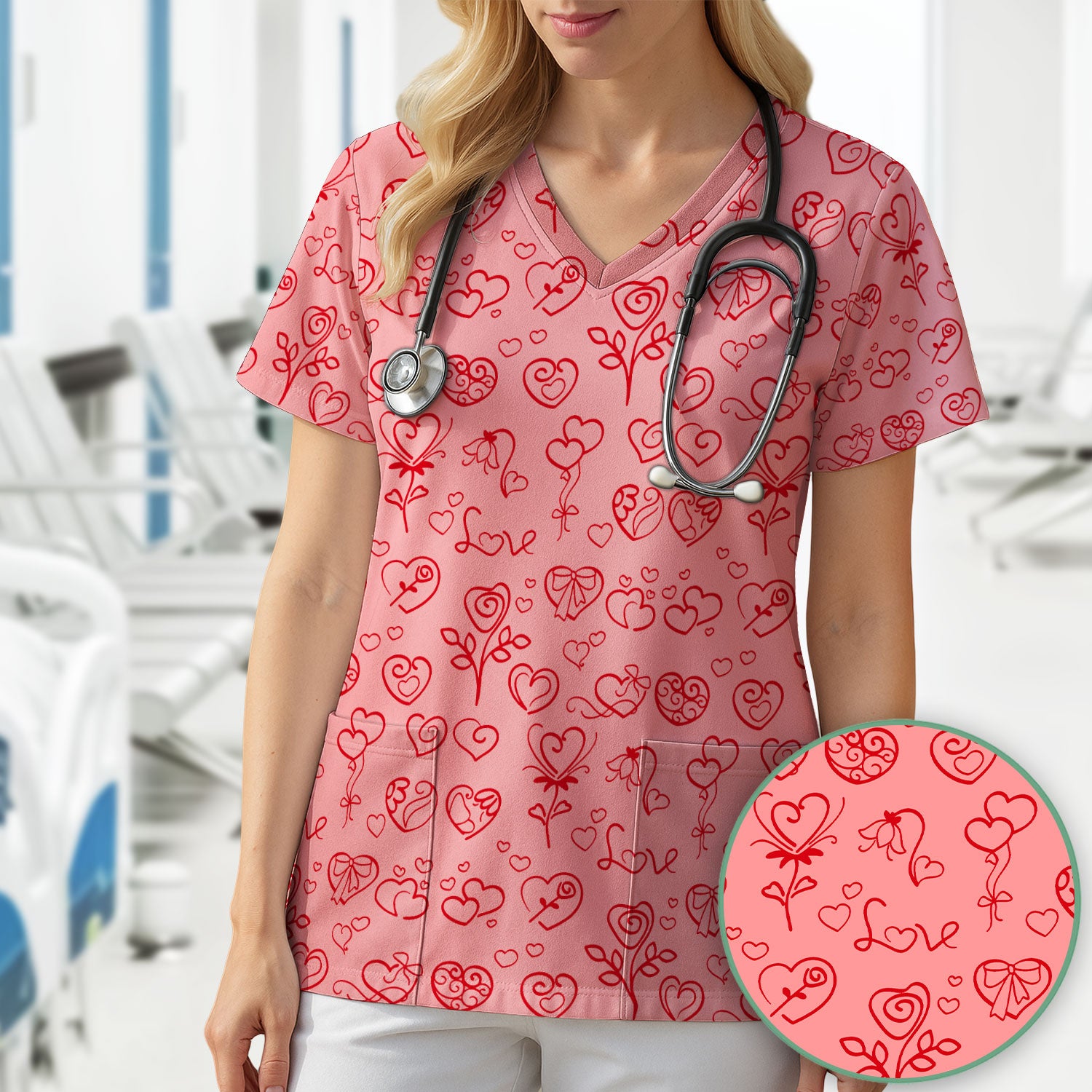 Cute Valentine Heart Scrub Top, Artistic Heart Pink Love Line Art Pattern Nurse Shirt, Comfortable Scrubs For Nursing