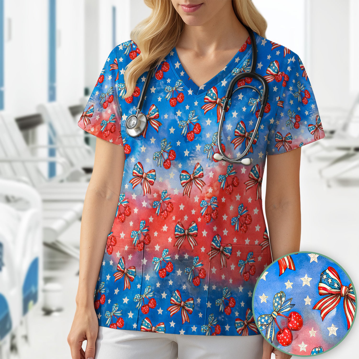 Festive Patriotic Star Bow Cherry Pattern Scrub Top, Comfortable Scrubs for Nurses