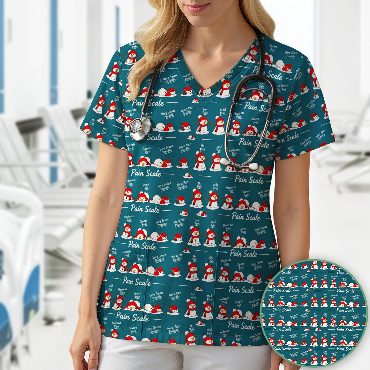 Funny Christmas Snowman Pain Scale Scrub Top, Comfortable Scrubs for Nurses