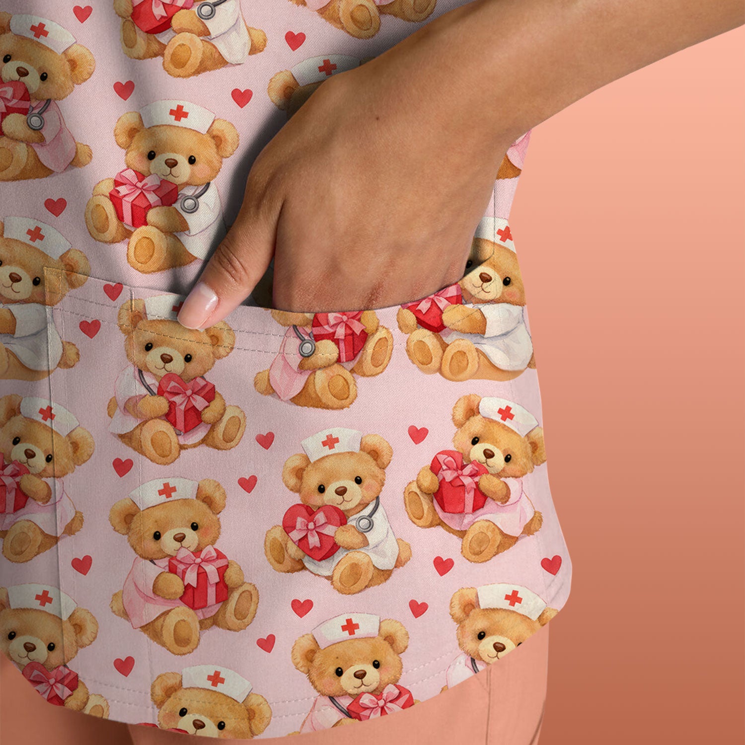 Valentine Teddy Pattern Scrub Top, Bear And Heart Medical Nurse Scrub Shirt, Breathable Fabrics Nursing Uniform