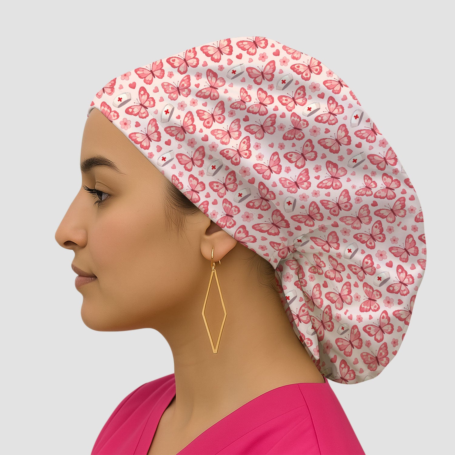 Valentine Butterfly Pattern Nurse Scrub Cap, Pink Heart Medical Hat For Women, Breathable Fabrics Nursing Uniform