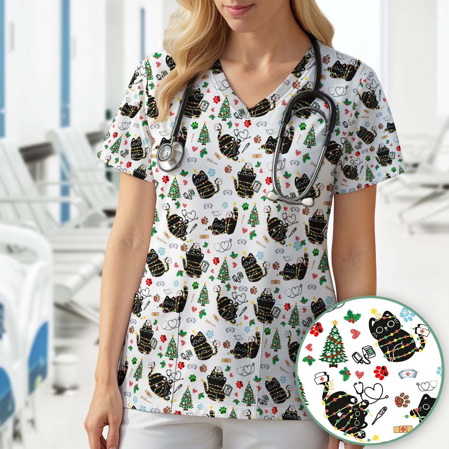 Funny Black Cat Christmas Scrub Top – Cute Holiday Kitty Pattern – Festive Medical Uniform for Nurses, Vets, and Cat Lovers