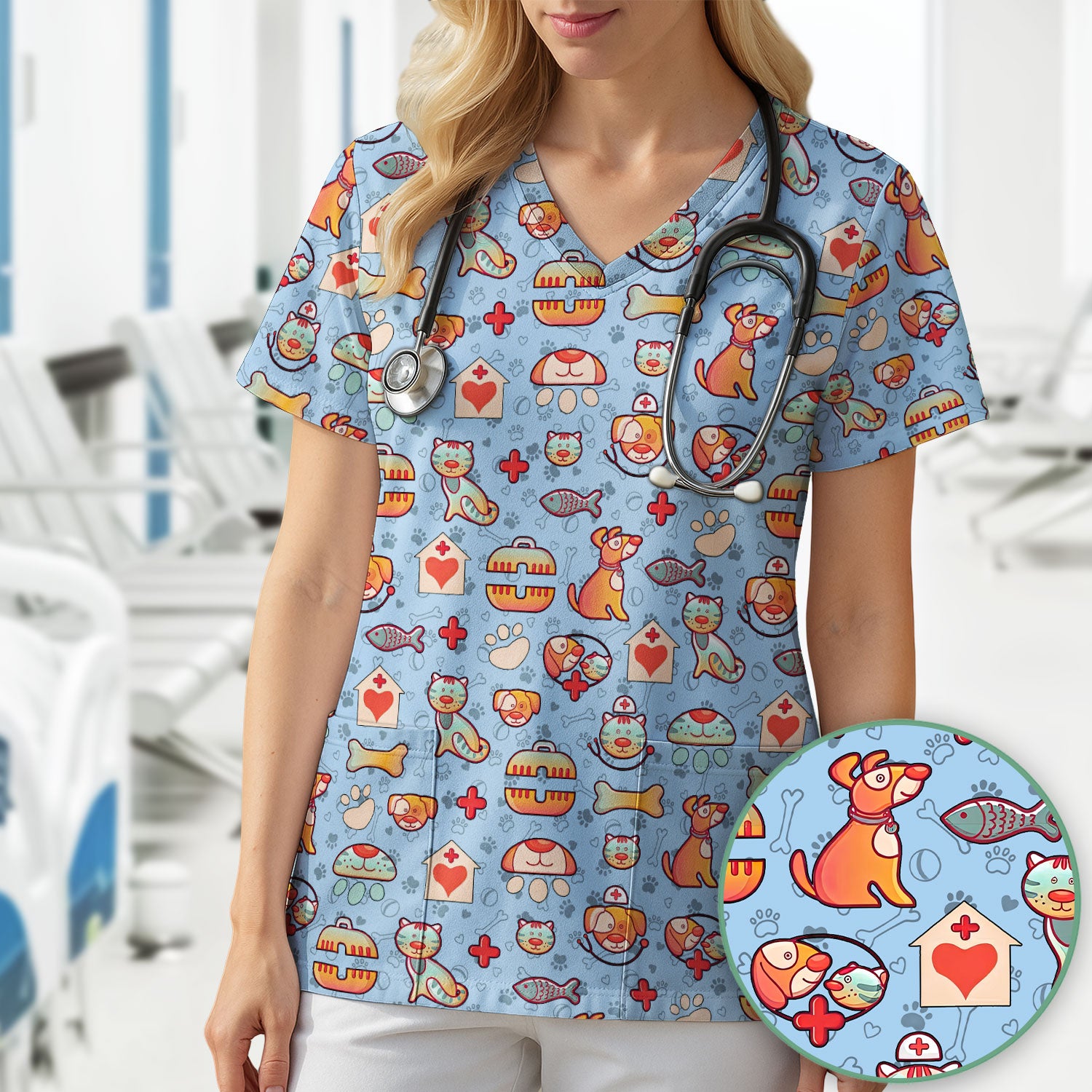 Veterinary Nurse Scrub Top - Cute Cat Dog Paw Print Medical Shirt - Fun Animal Pattern Vet Tech Scrubs for Women RN CNA