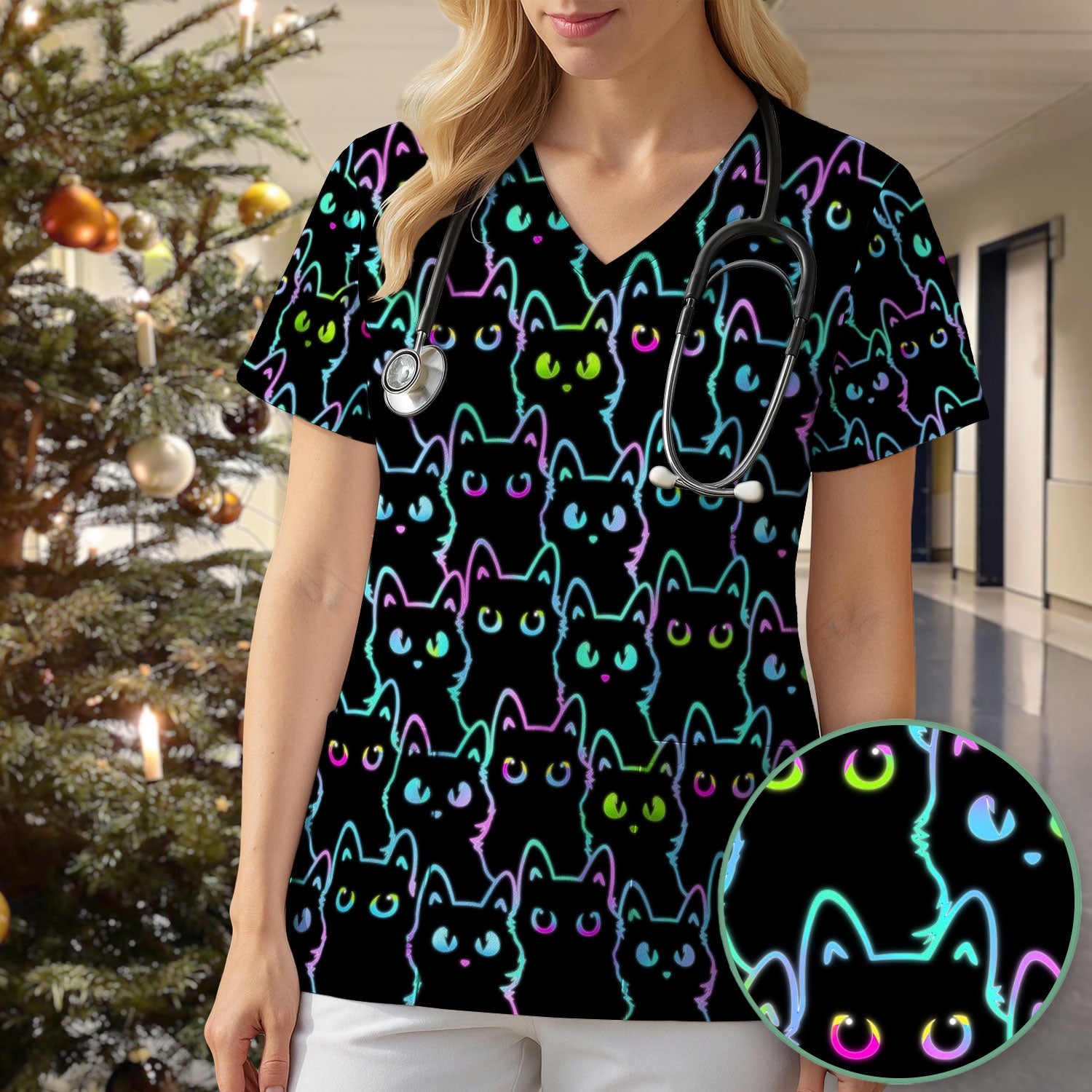 Neon Cat Pattern Scrub Top, Black Cat Scrub Shirt, Breathable Fabrics Nursing Uniform