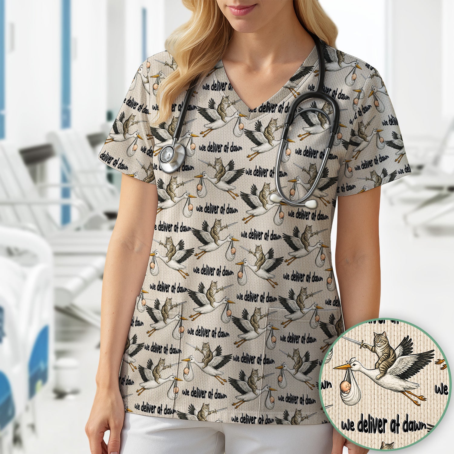 Funny Stork Cat Delivery Pattern Scrub Top, Comfortable Scrubs for Nurses